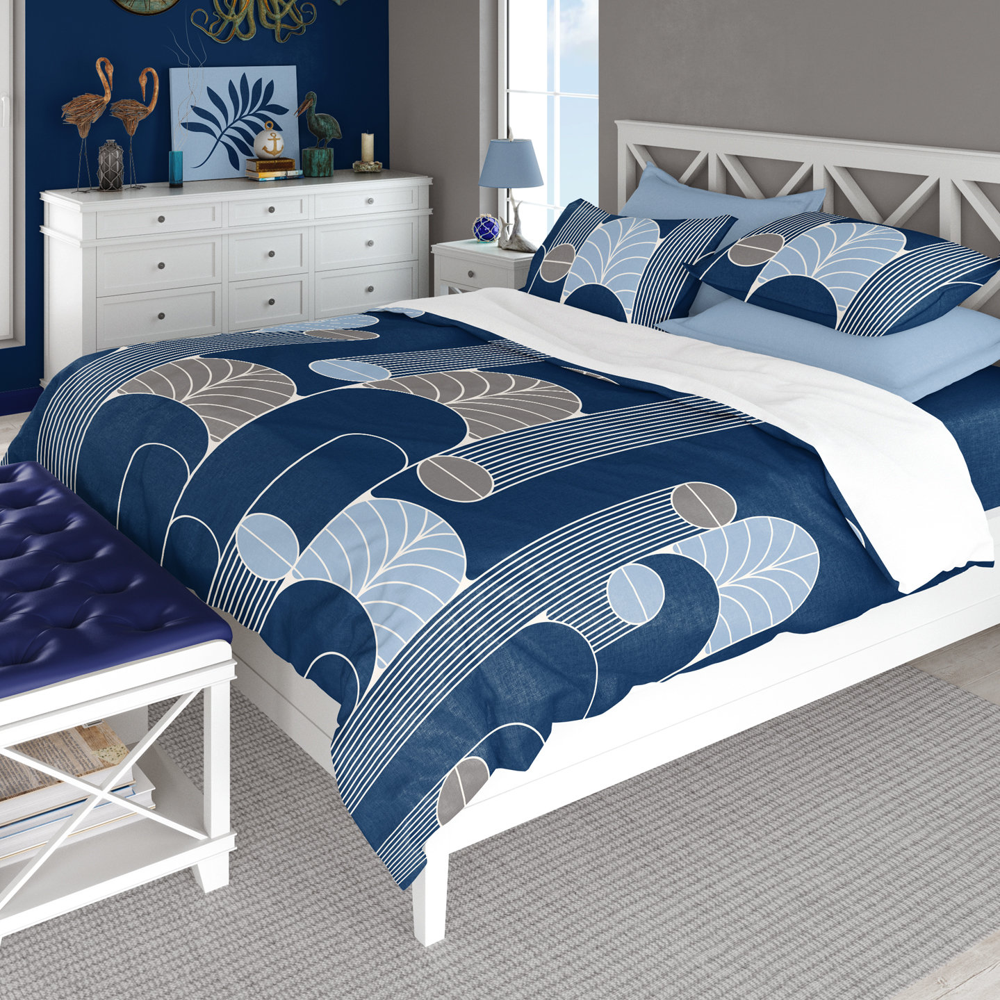 Midnight Blue Art Deco Bedding, Poly or Cotton Comforter or Duvet Cover, Pillow Shams