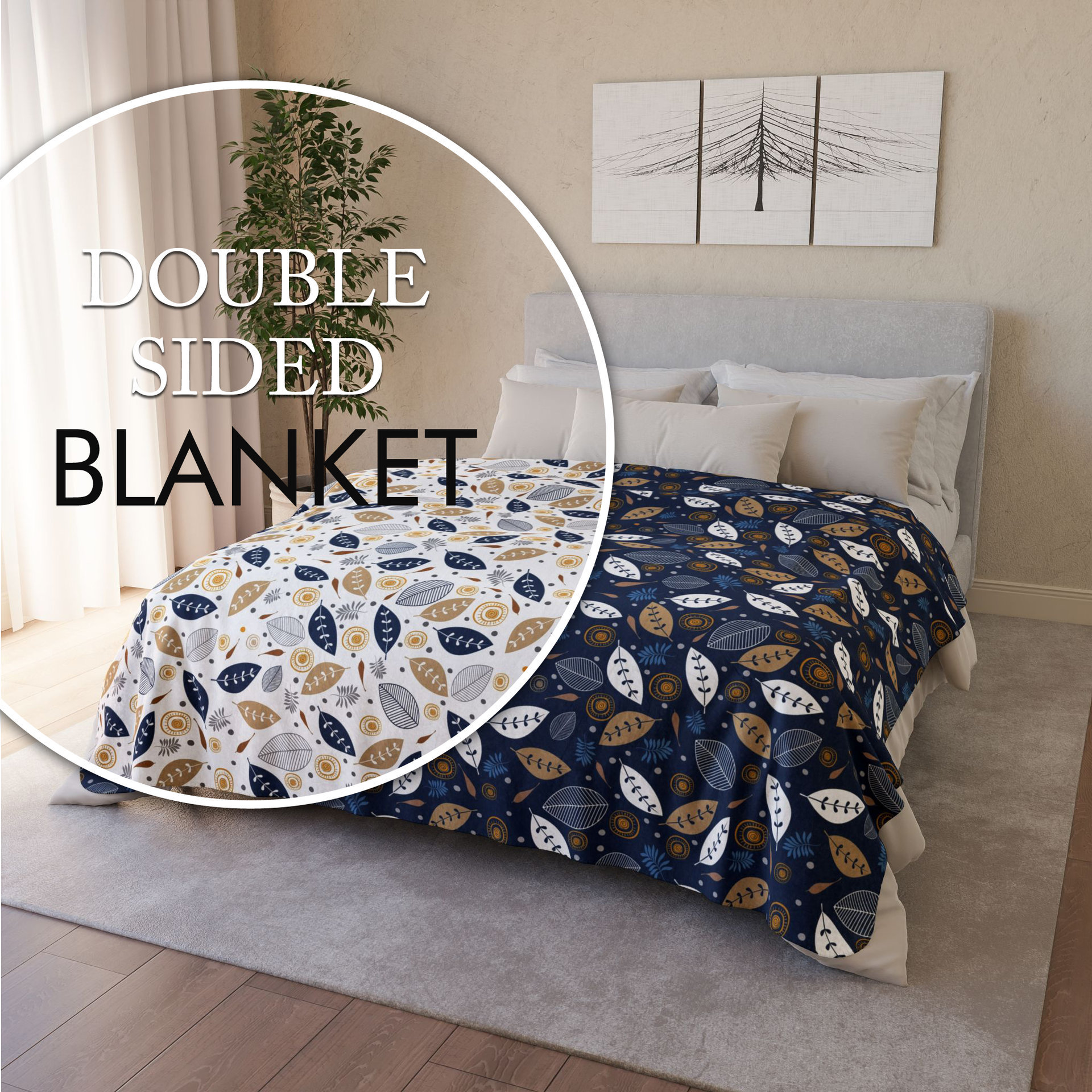 Botanical art printed on a lightweight, soft and fluffy two-sided reversible plush velveteen throw blanket in white, navy blue, tan, gray, orange and brown. One side is printed on a white background and the other side is printed on a navy blue background.