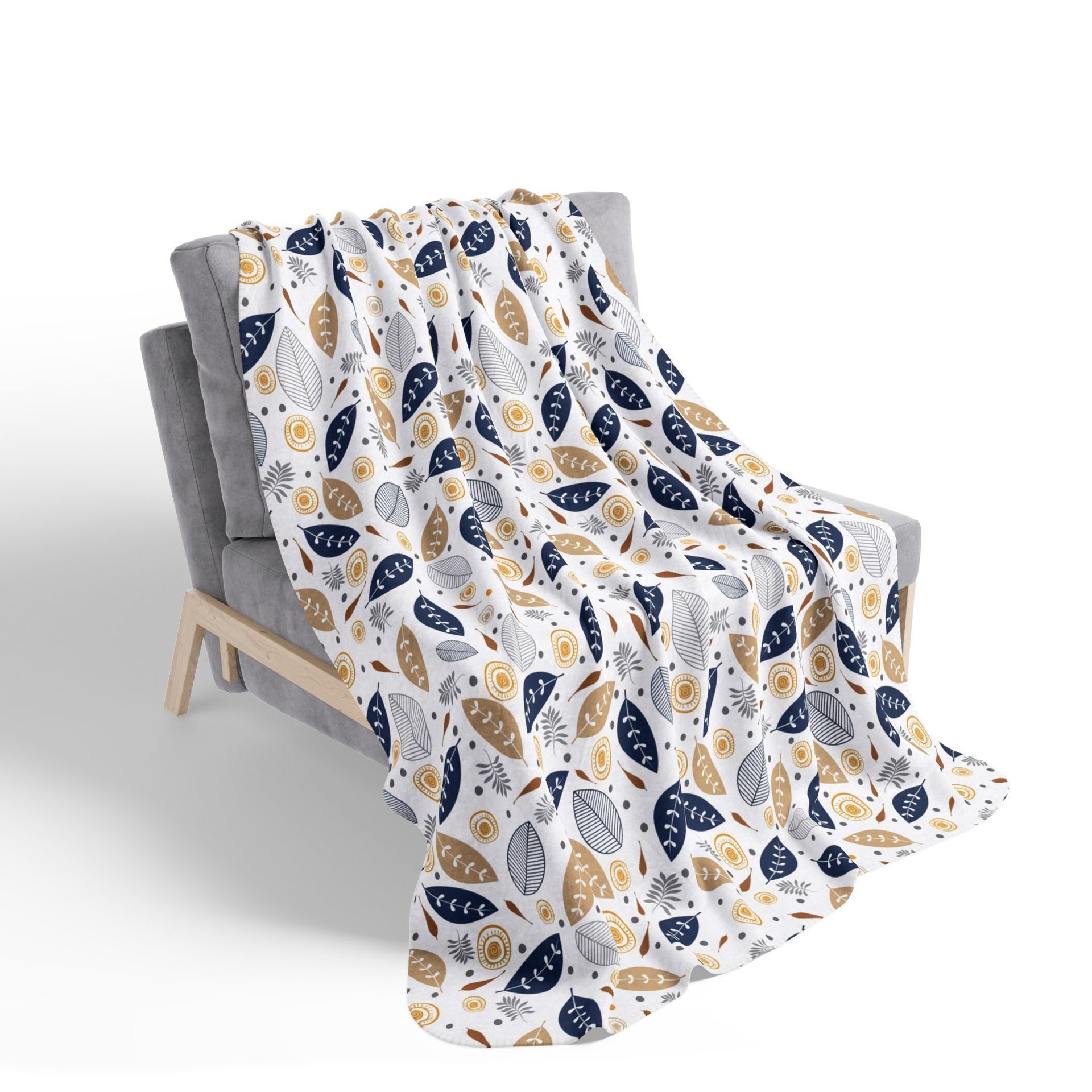 Botanical art printed on a lightweight, soft and fluffy two-sided reversible plush velveteen throw blanket in white, navy blue, tan, gray, orange and brown. One side is printed on a white background and the other side is printed on a navy blue background.