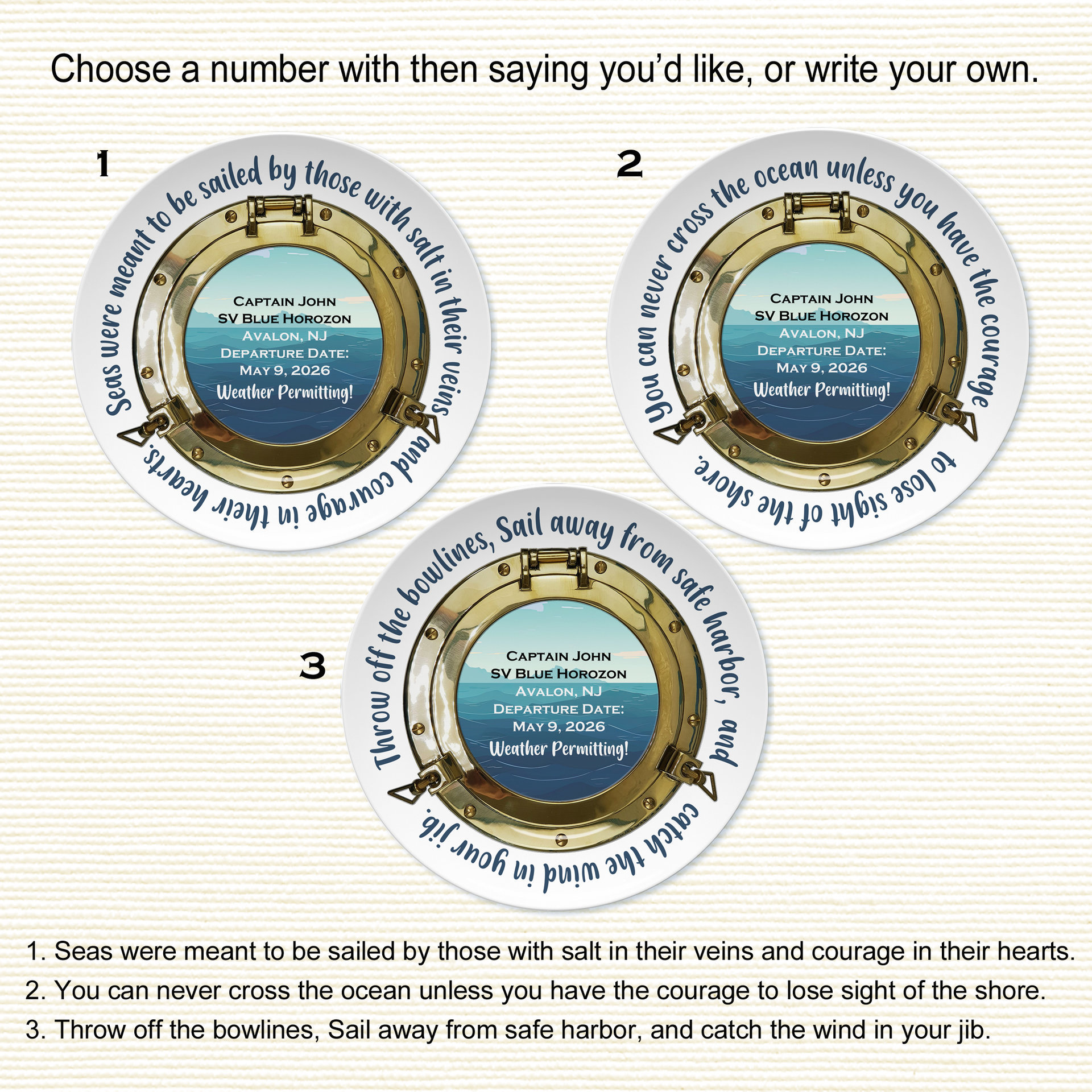 White boating plates with different nautical sayings around the perimeter