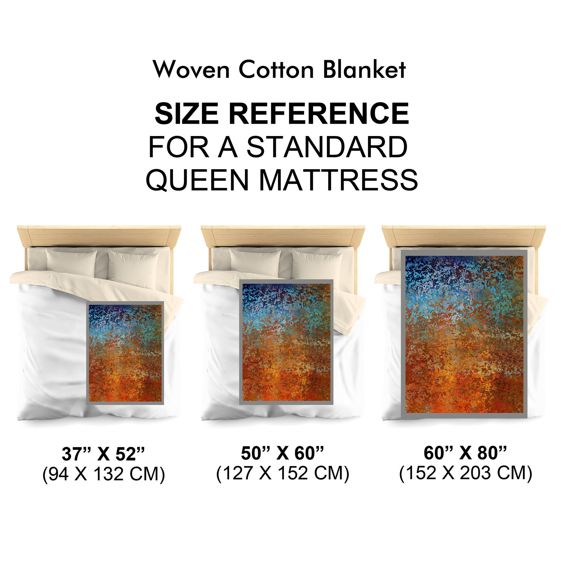 Abstract Ombré Woven Blanket in Southwestern Colors size chart in reference to a queen size bed.