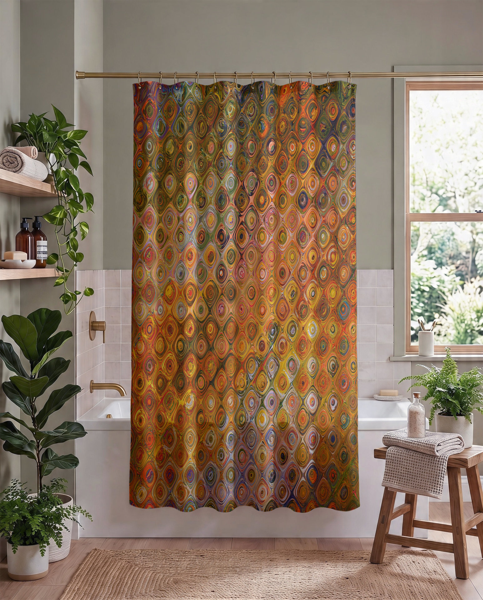 Burnt Orange Tile Pattern Shower Curtain