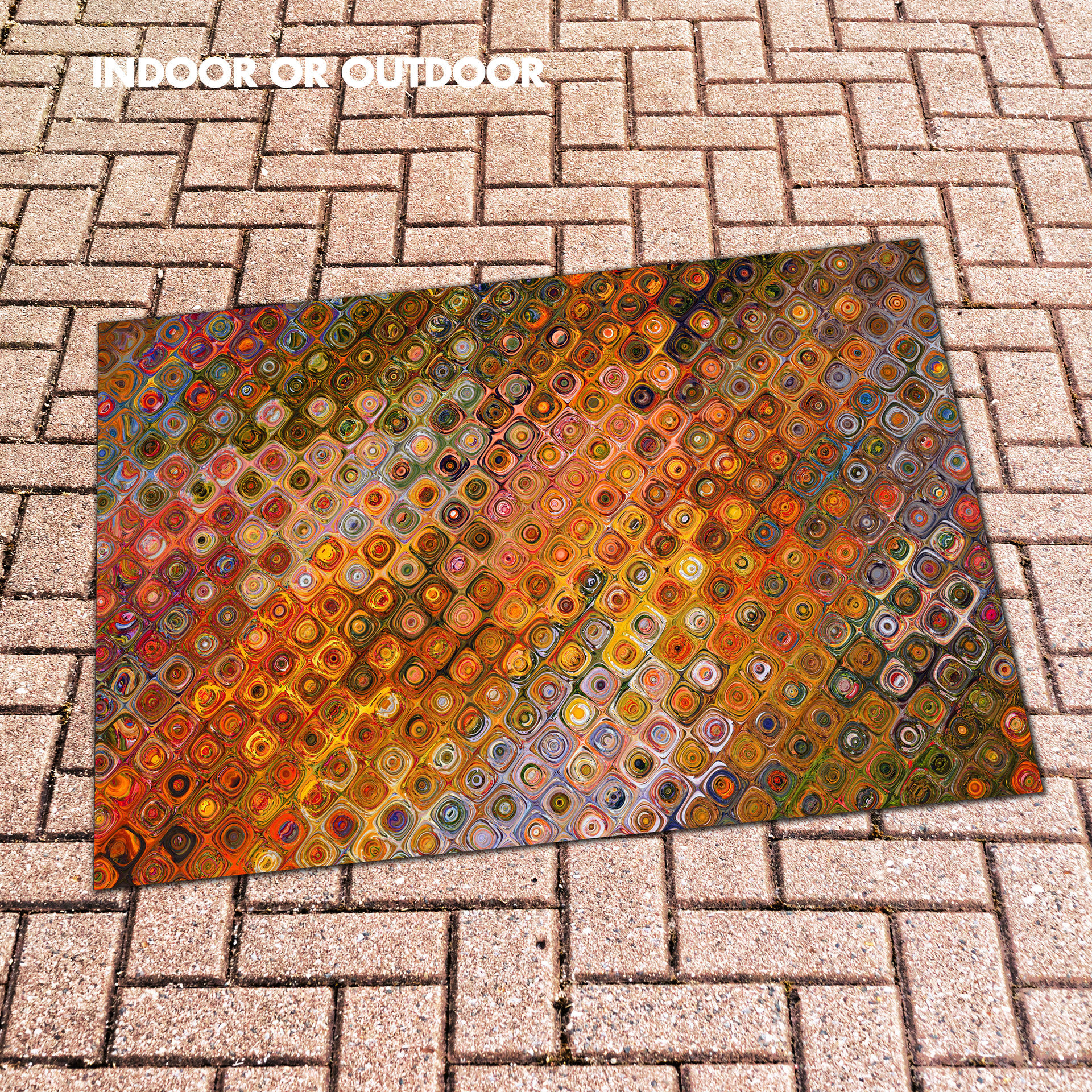 Colorful Boho Rug – Orange Mosaic Pattern with Retro Flair on a patio.