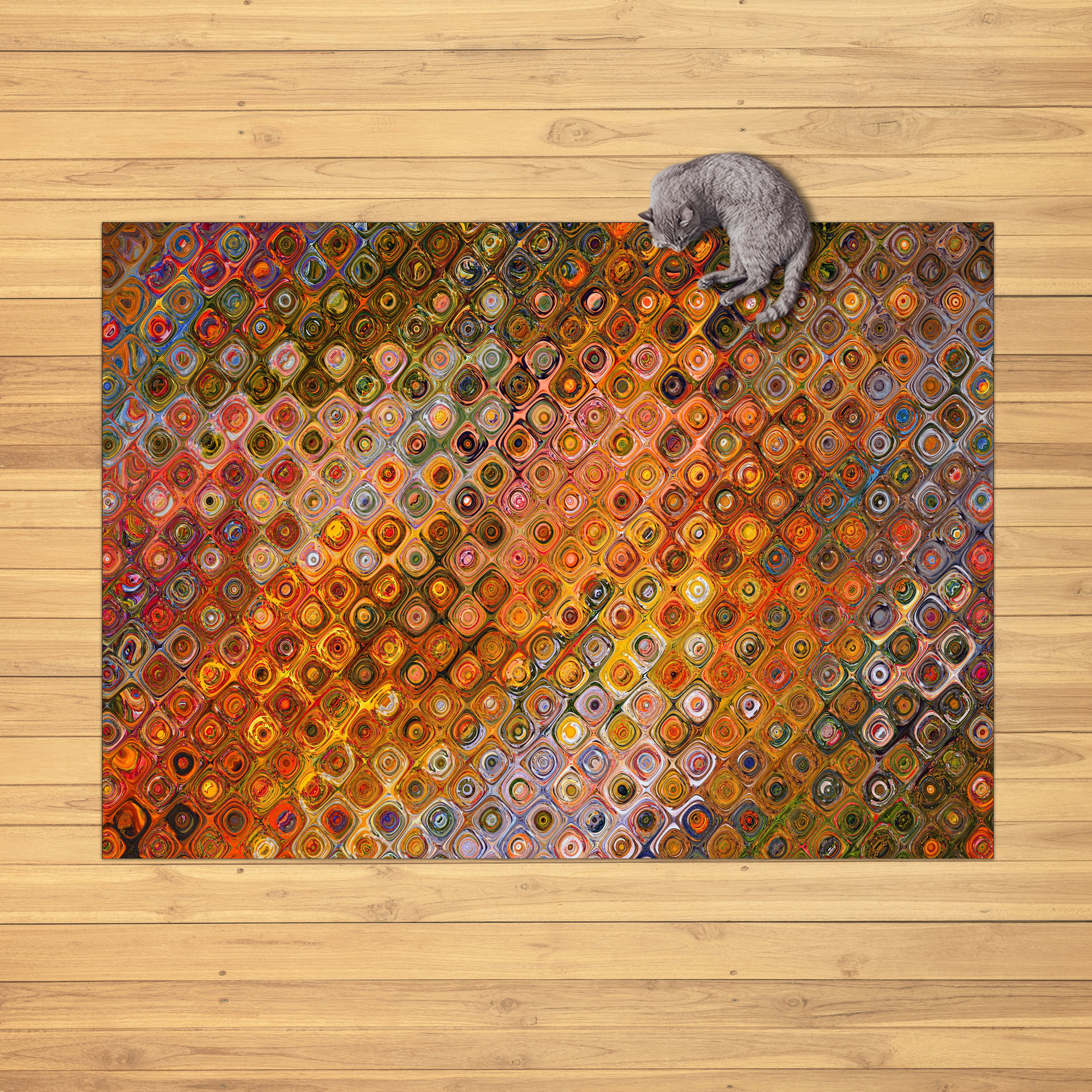 Colorful Boho Rug – Orange Mosaic Pattern with Retro Flair staged on a wood floor with a cat resting on the corner.