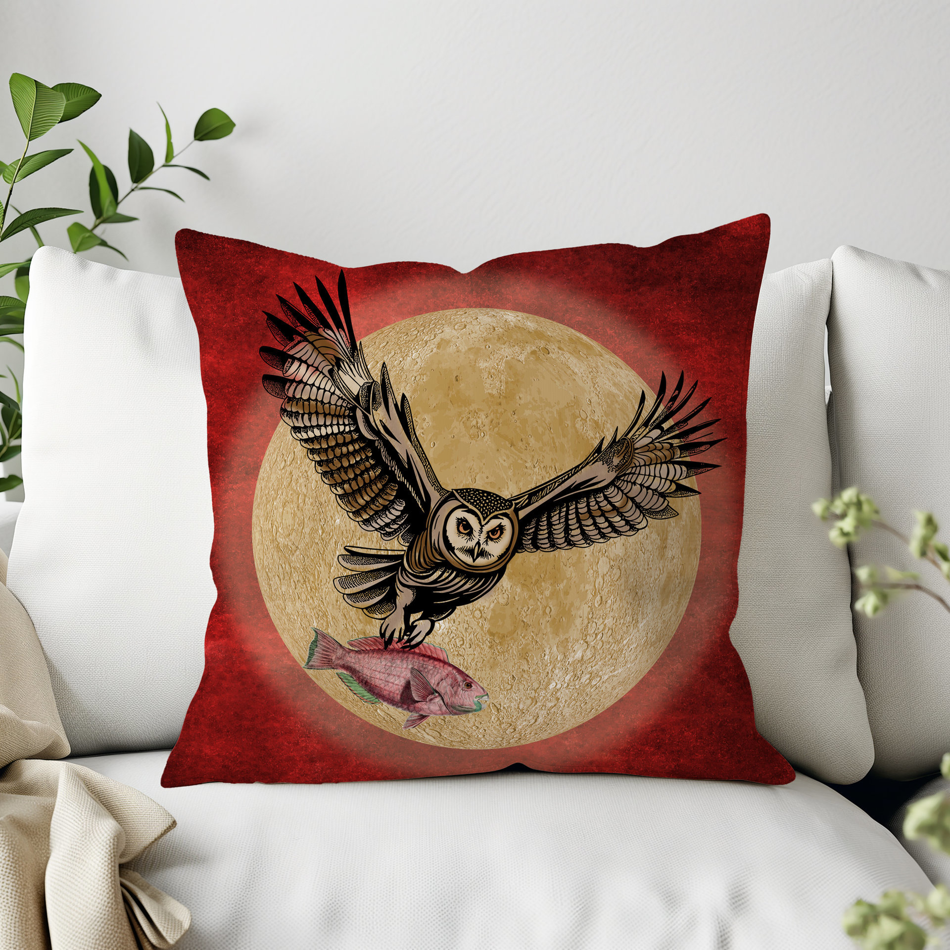 Hunting Night Owl Throw Pillow in deep red and beige