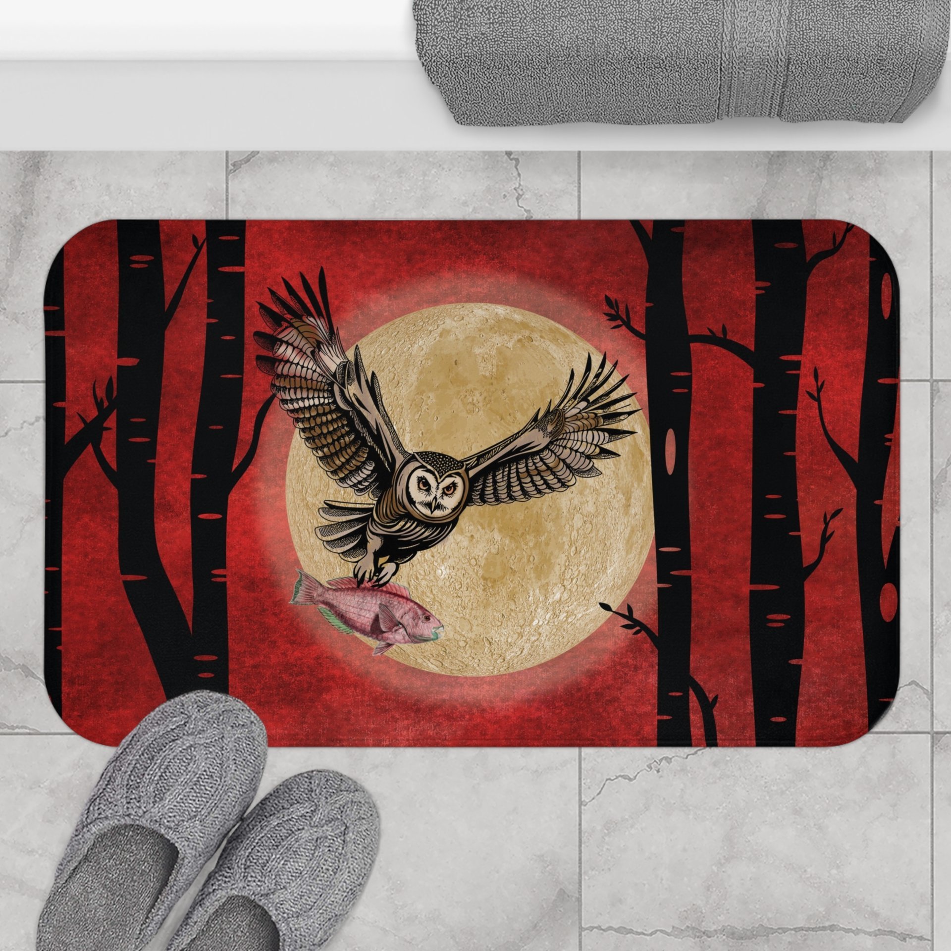 predatory owl catching a fish bath mat