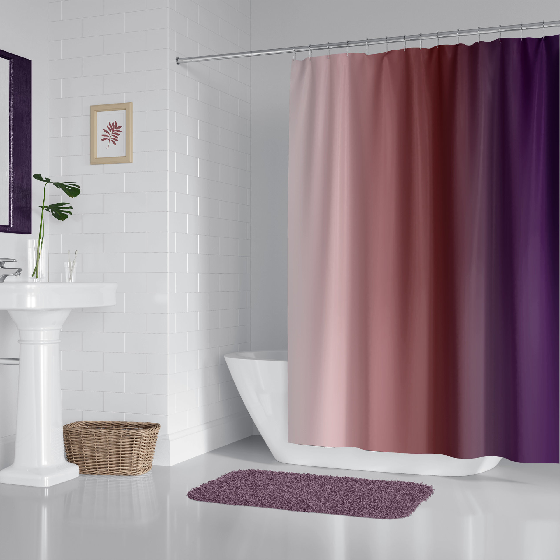 Purple Ombré Stripes Shower Curtain in a white modern bathroom