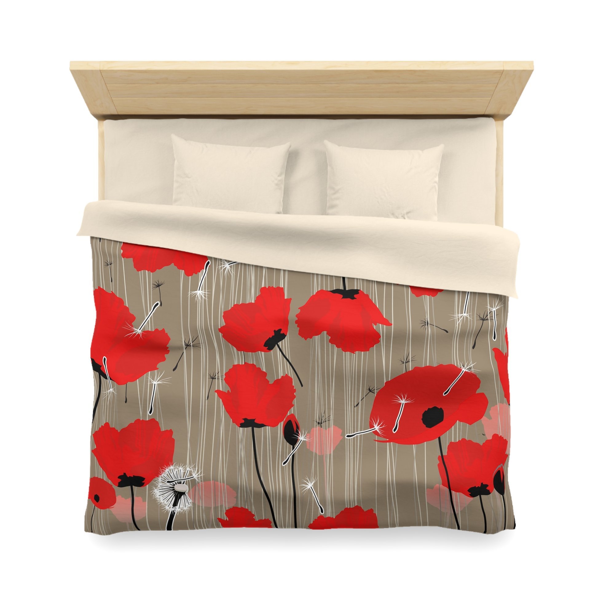 King size Duvet cover with Red and pink flowers with black and white dandelion seed pods on a taupe background.