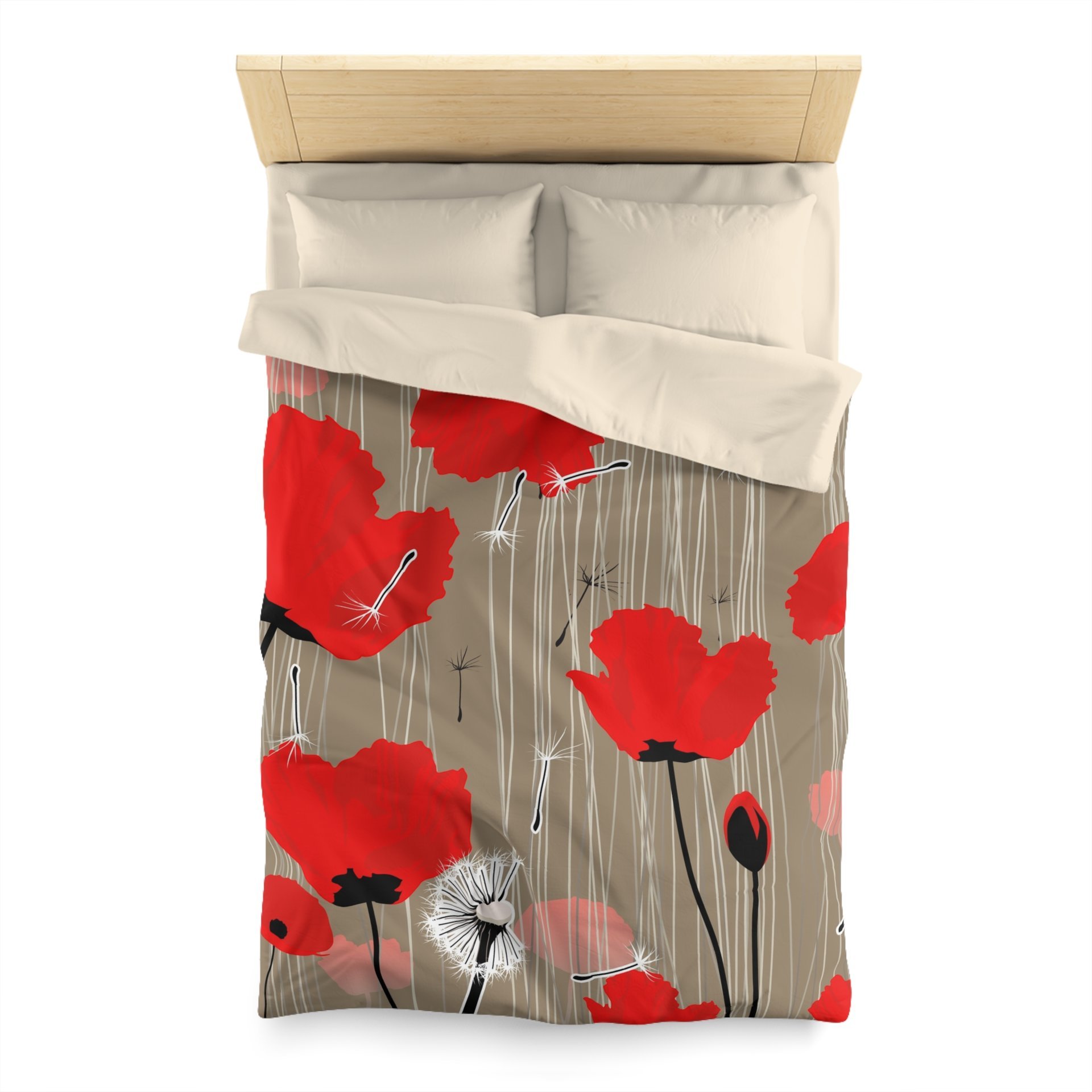 Twin size Duvet cover with Red and pink flowers with black and white dandelion seed pods on a taupe background.