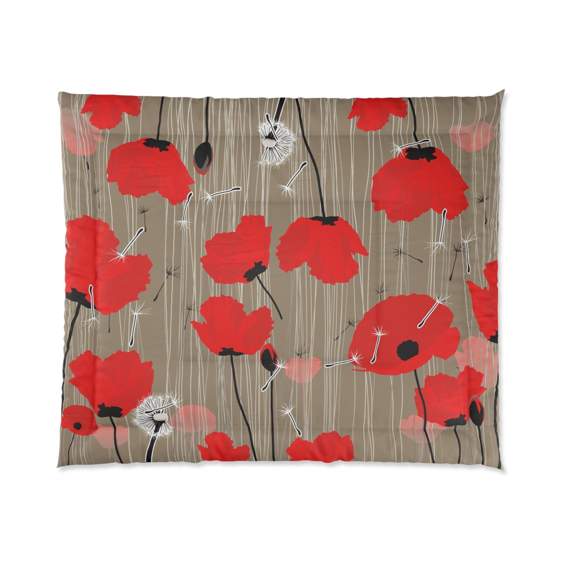 King size comforter with Red and pink flowers with black and white dandelion seed pods on a taupe background.