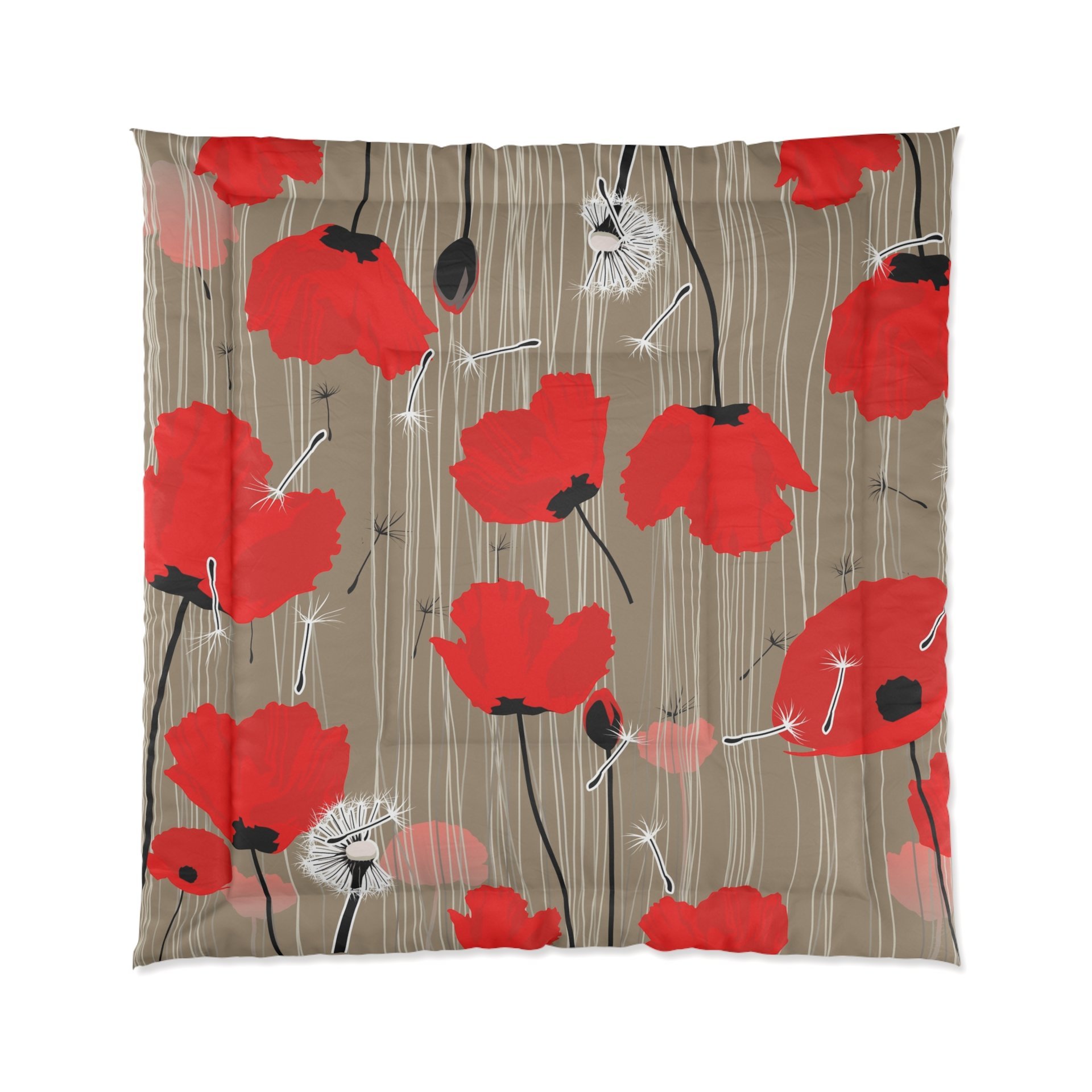 Queen size comforter with Red and pink flowers with black and white dandelion seed pods on a taupe background.