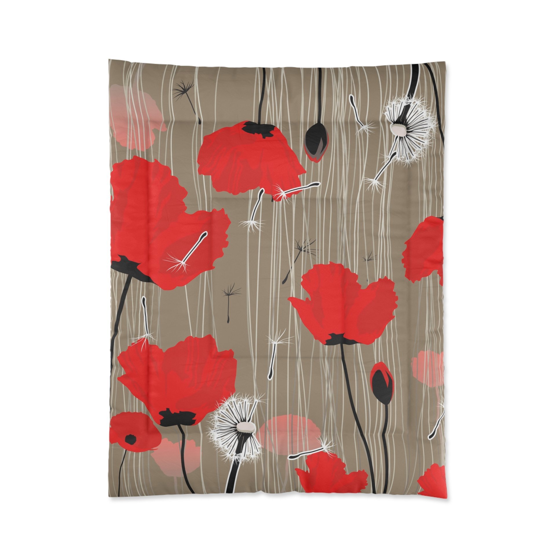 Twin size comforter with Red and pink flowers with black and white dandelion seed pods on a taupe background.