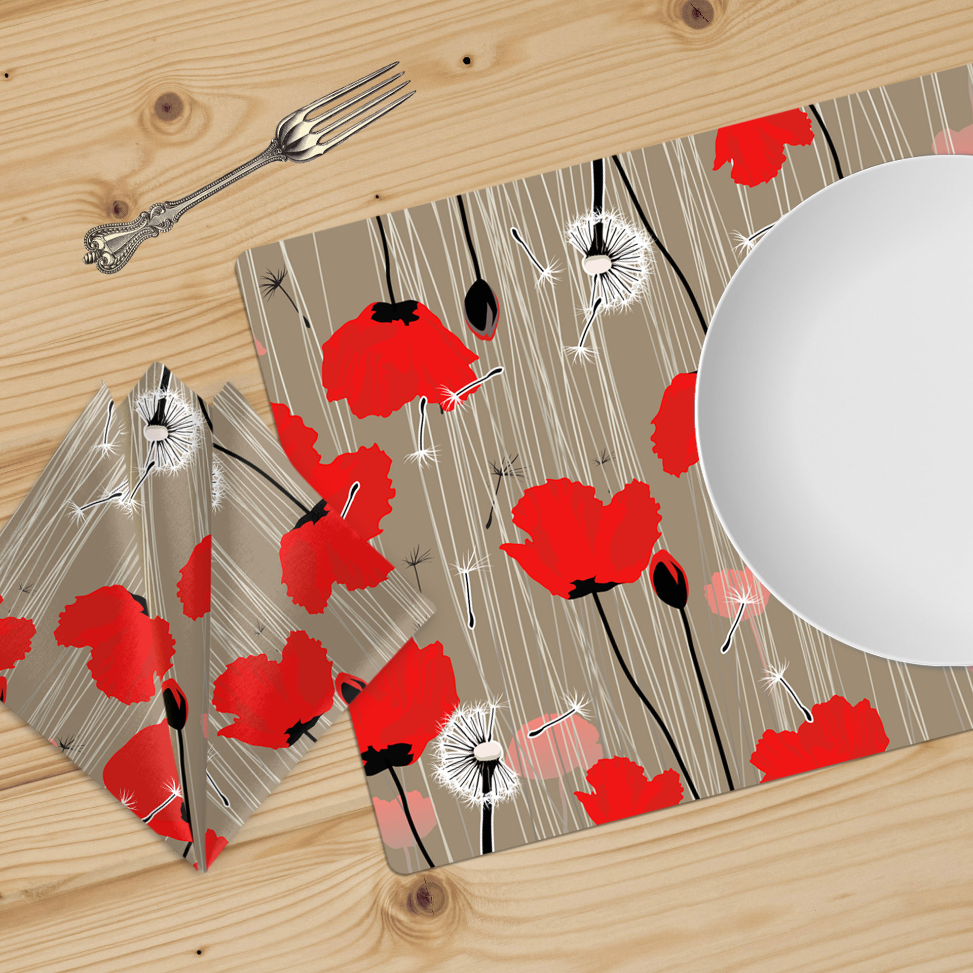 Bold red poppies placemat and napkin