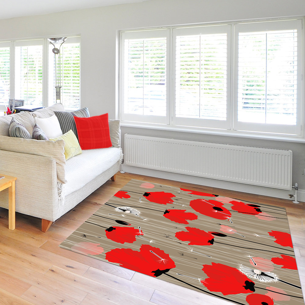 Bold Red Poppy Rug in a modern living room