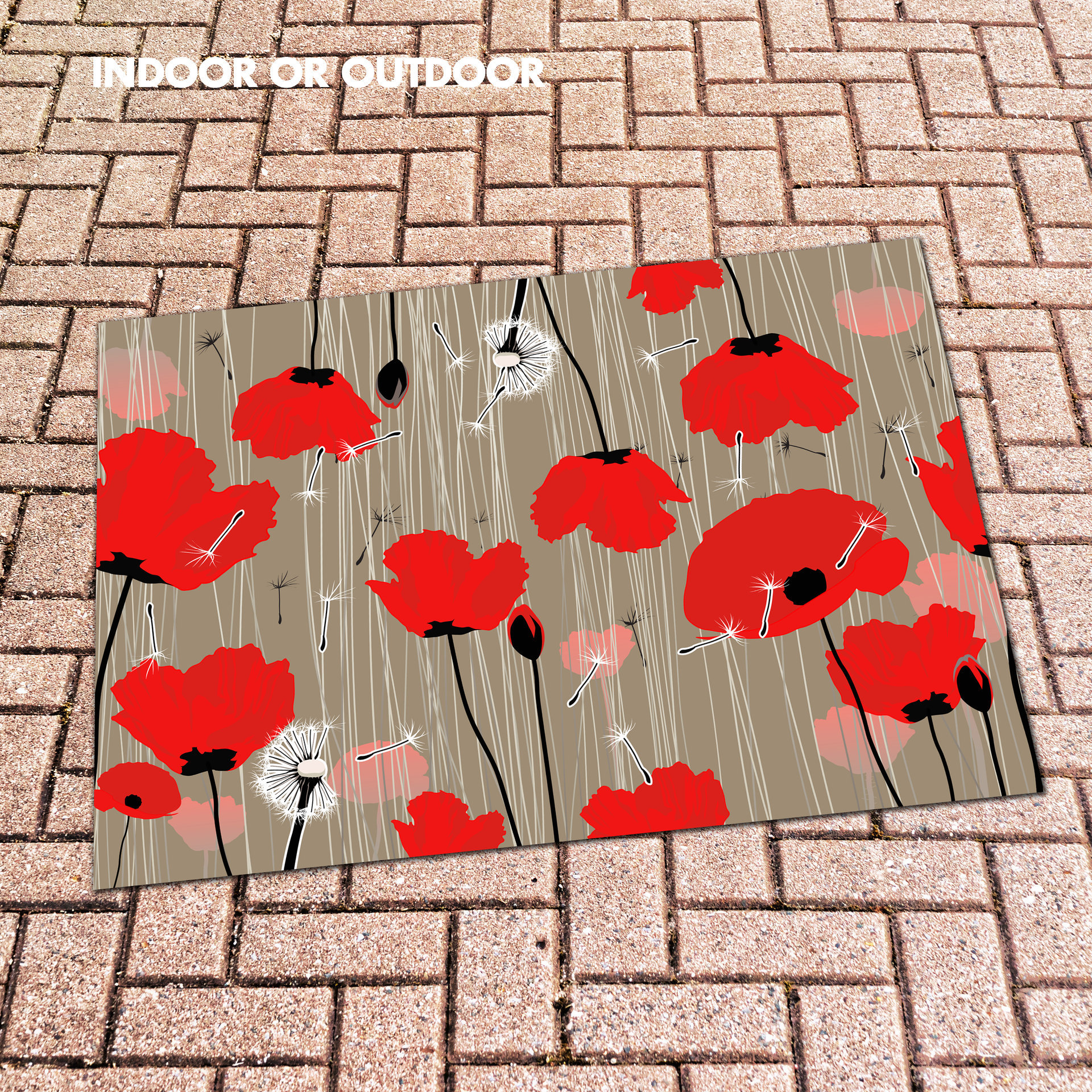 Bold Red Poppy Rug on patio paving stones