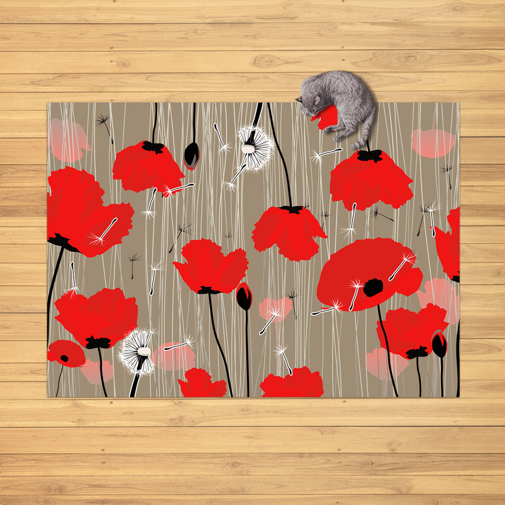 Bold Red Poppy Rug on a wooden floor with a cat nestled in the corner
