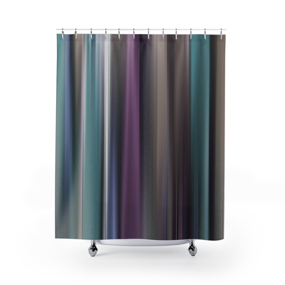 Muted Vertical Stripes Shower Curtain in purple, blue, taupe and gray