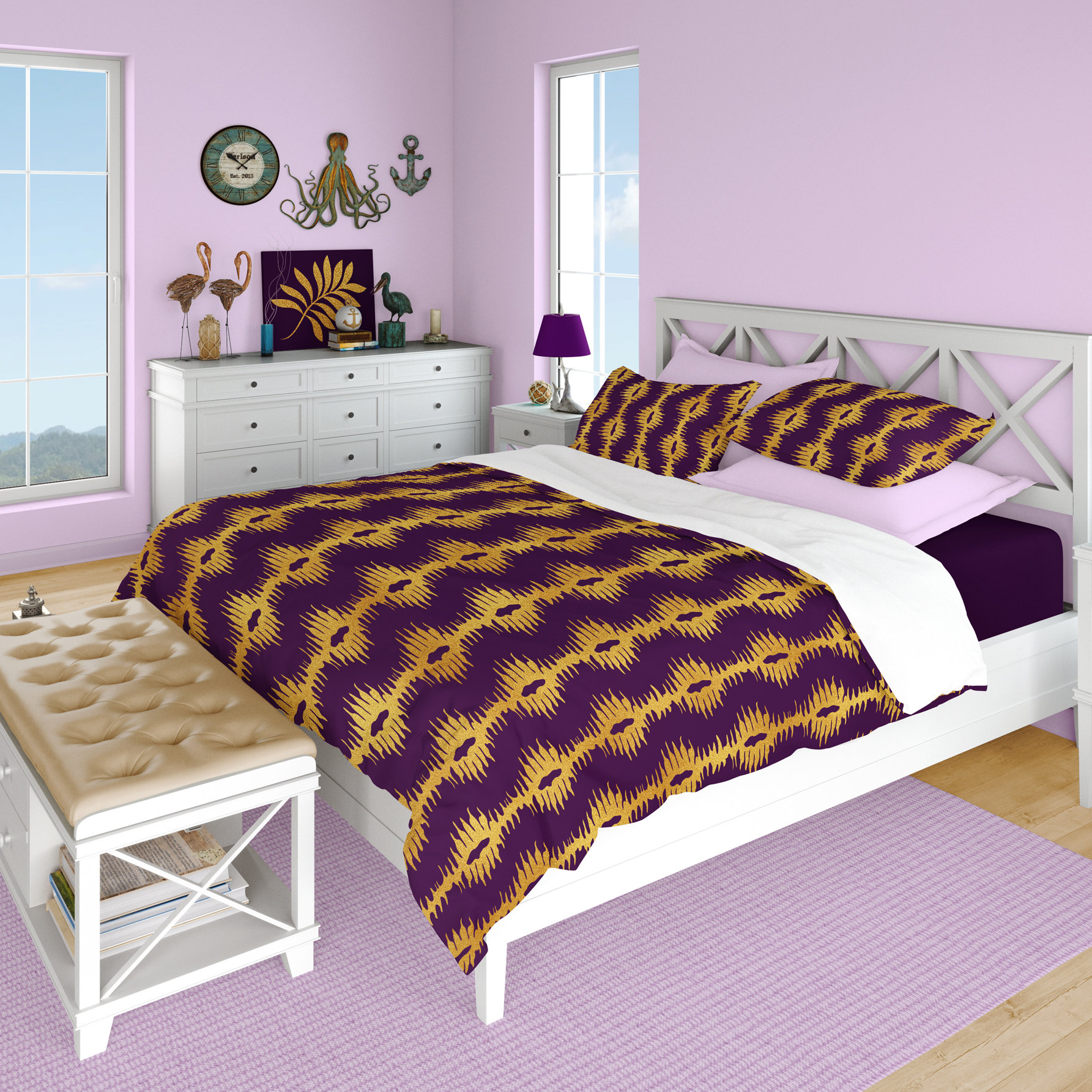 Purple with Gold bargello style Stripes queen duvet cover with matching pillow shams on a bed.