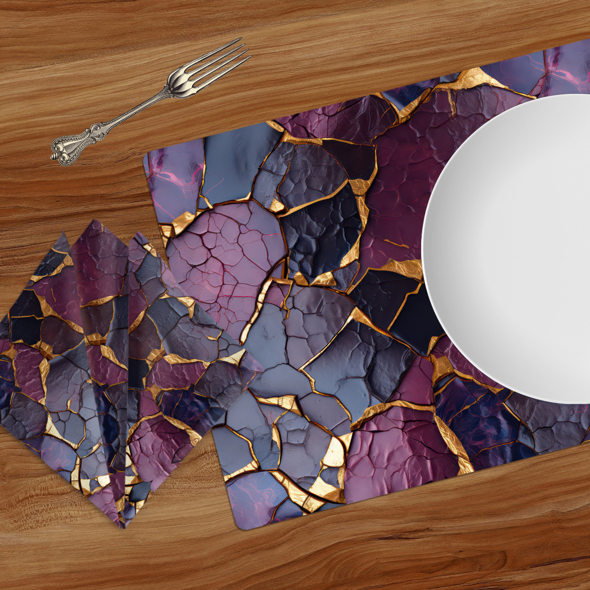 Aubergine and antique Kintsugi Cotton Table Linens