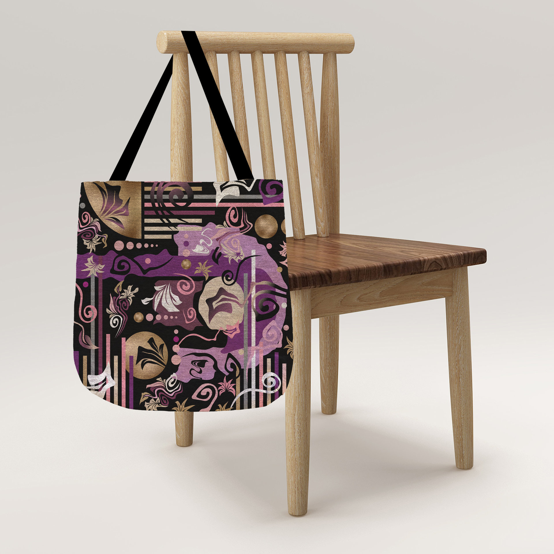 Purple Abstract Geometric shapes Tapestry Bag hanging from a chair.