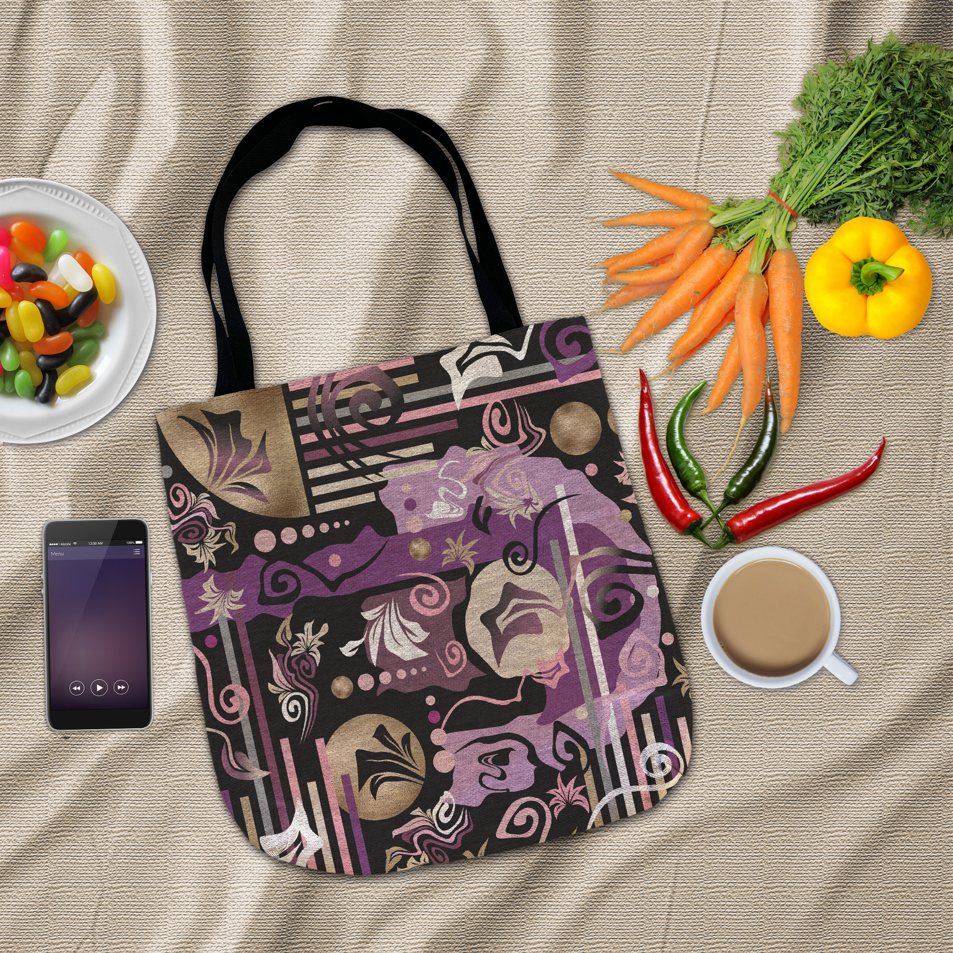 Flat lay Purple Abstract Geometric Tapestry Bag