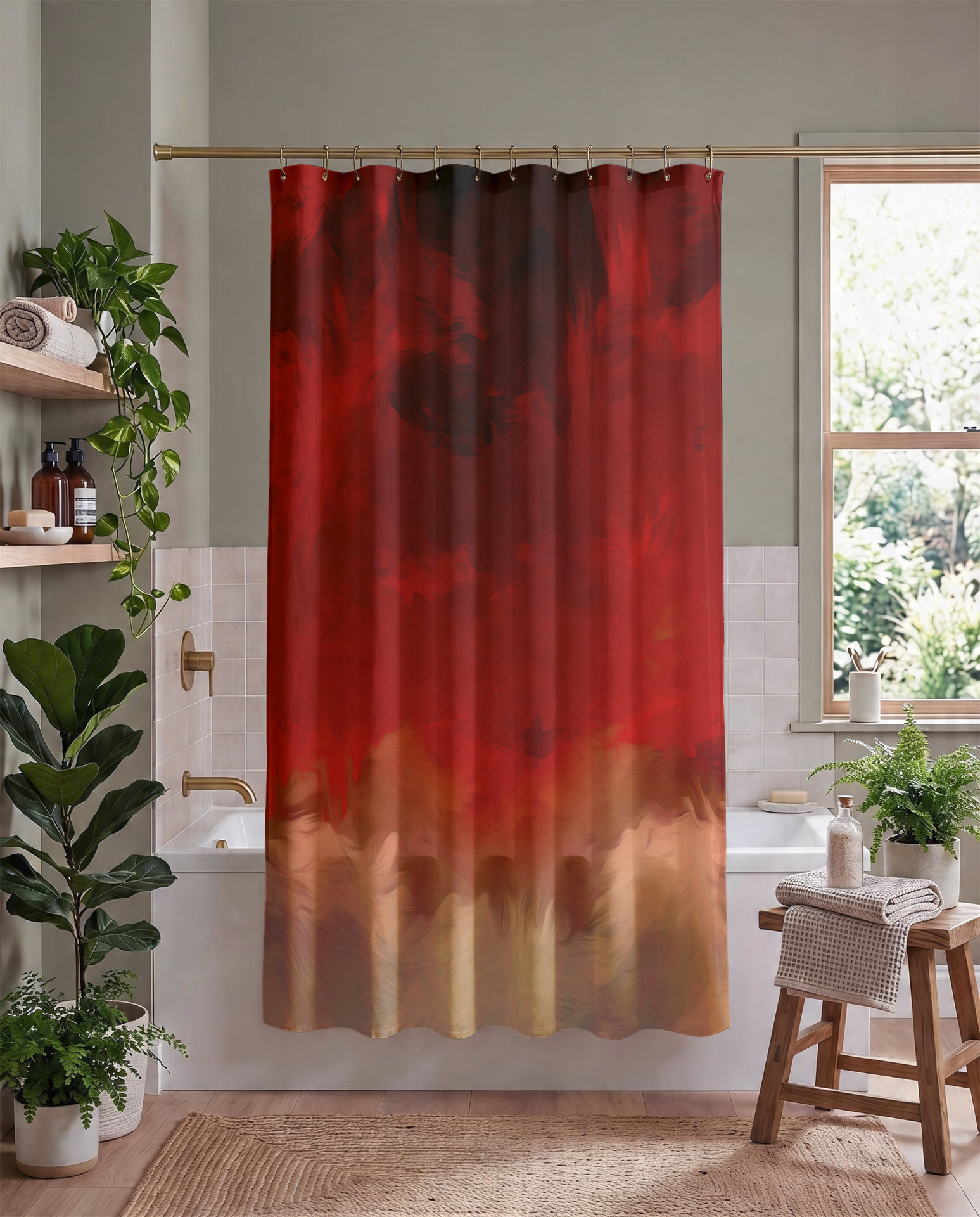 Deep Red Abstract Art Shower Curtain Set