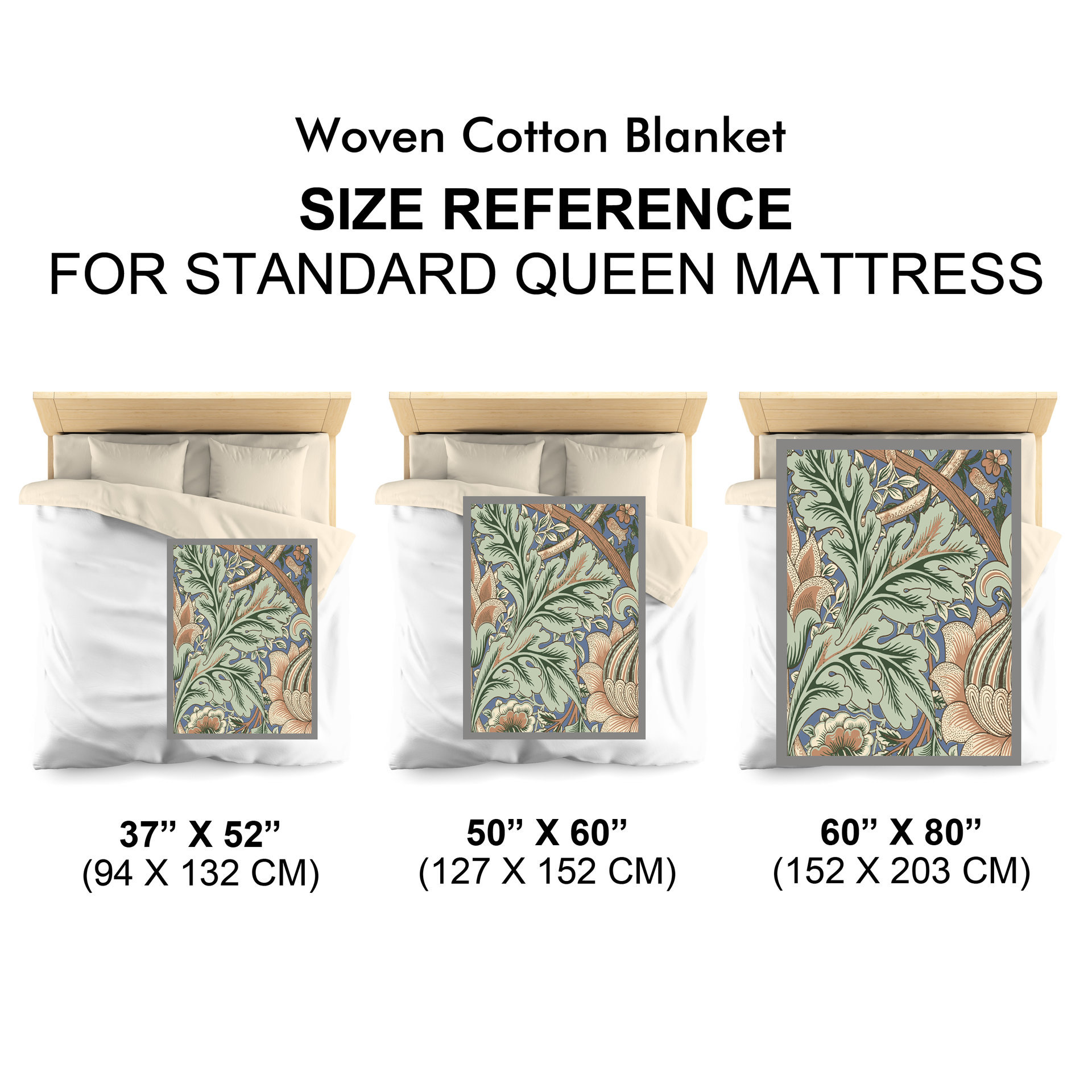 woven blanket size chart in reference to a queen bed.