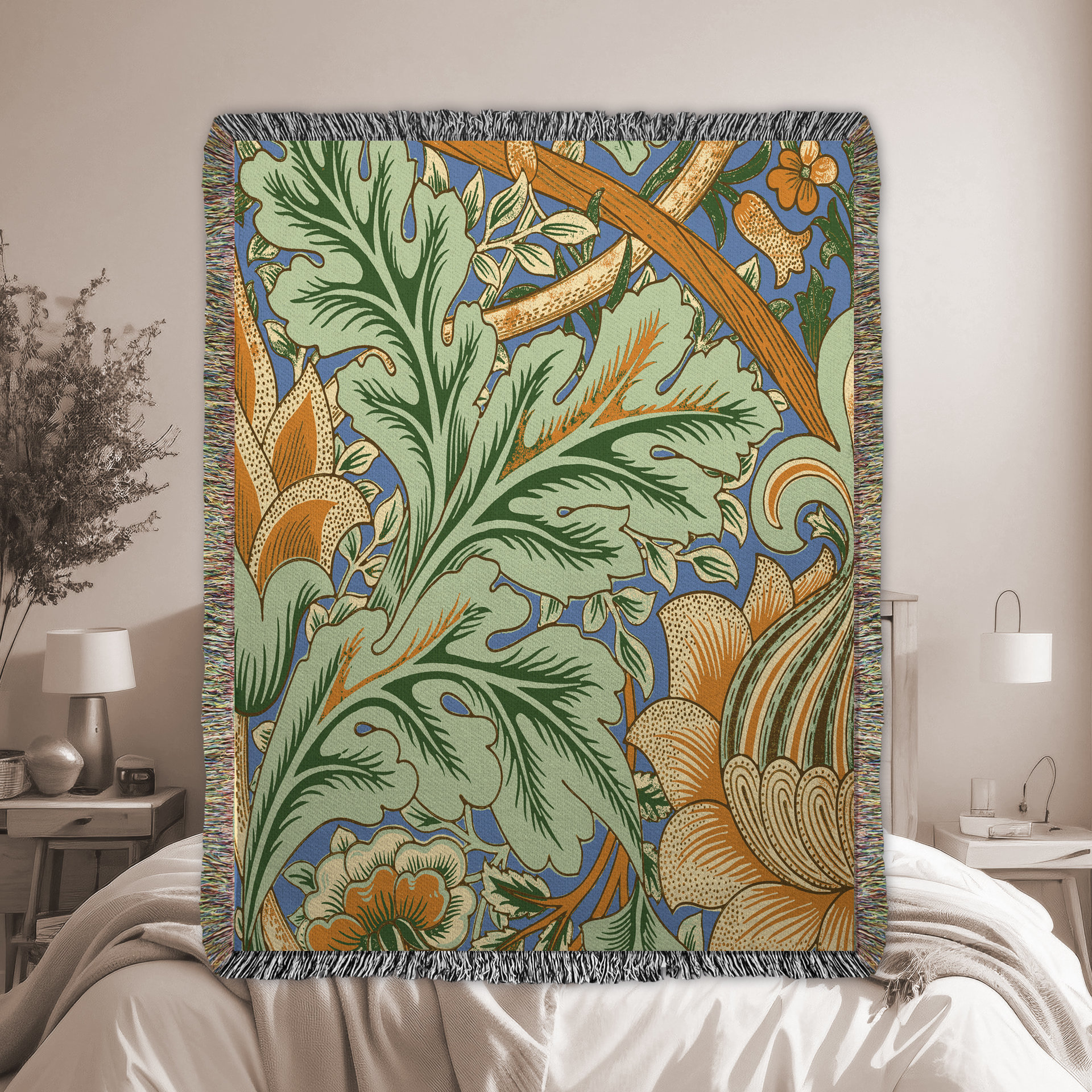 Art Nouveau Floral Blanket - 100% Woven Cotton Fringed Throw