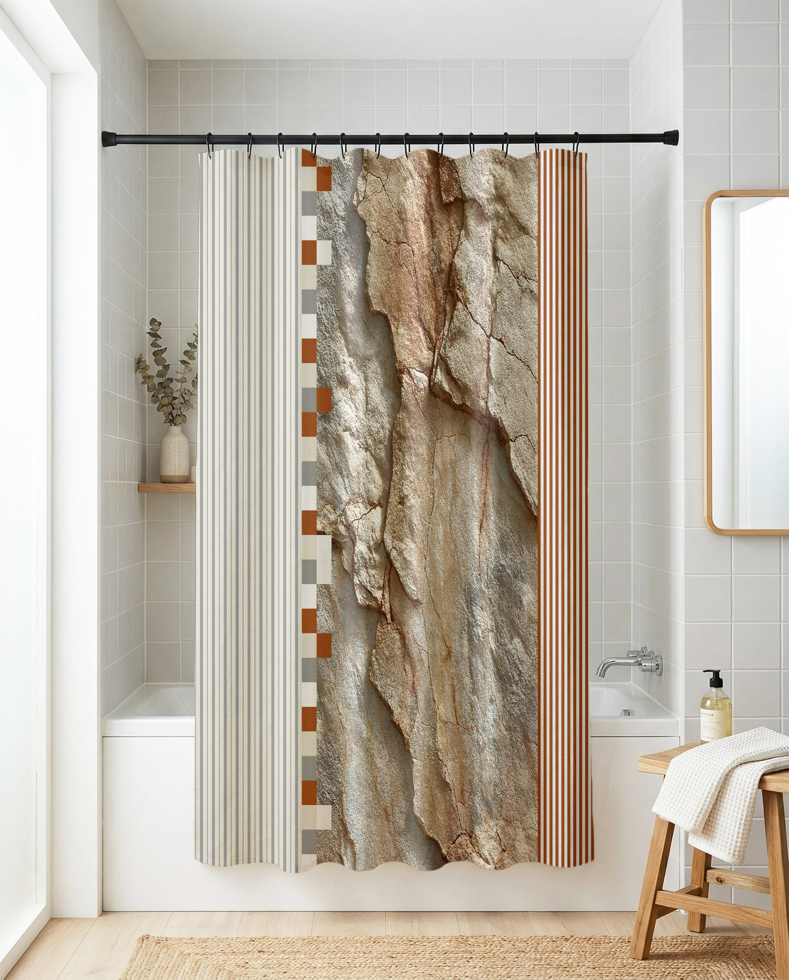 Rustic Rock and Stripe Shower Curtain, Textured Stone Art, Earth Tones, Bath Mat Optional