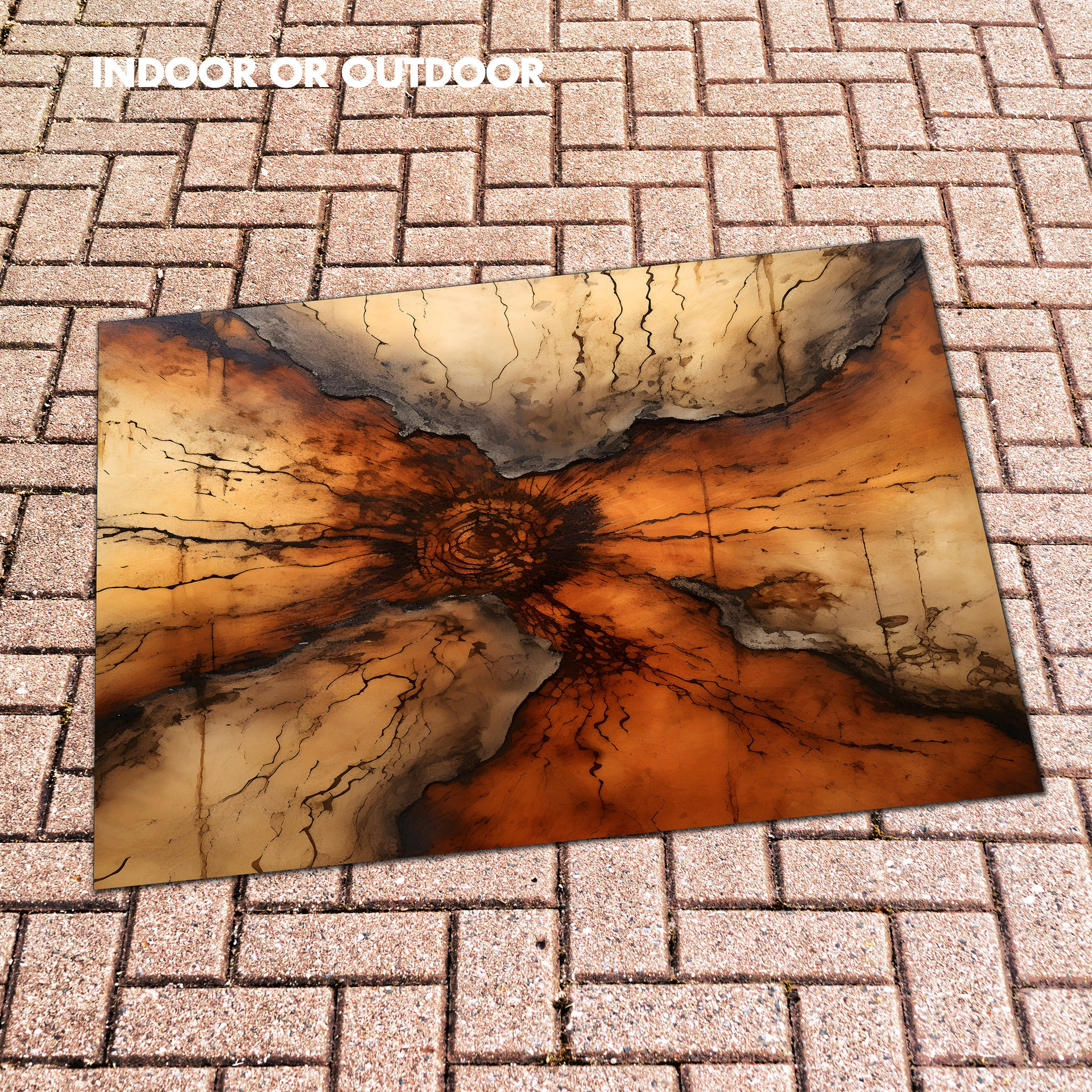 Redwood Burl Rug – Abstract Design in Rich Earth Tones on a patio.