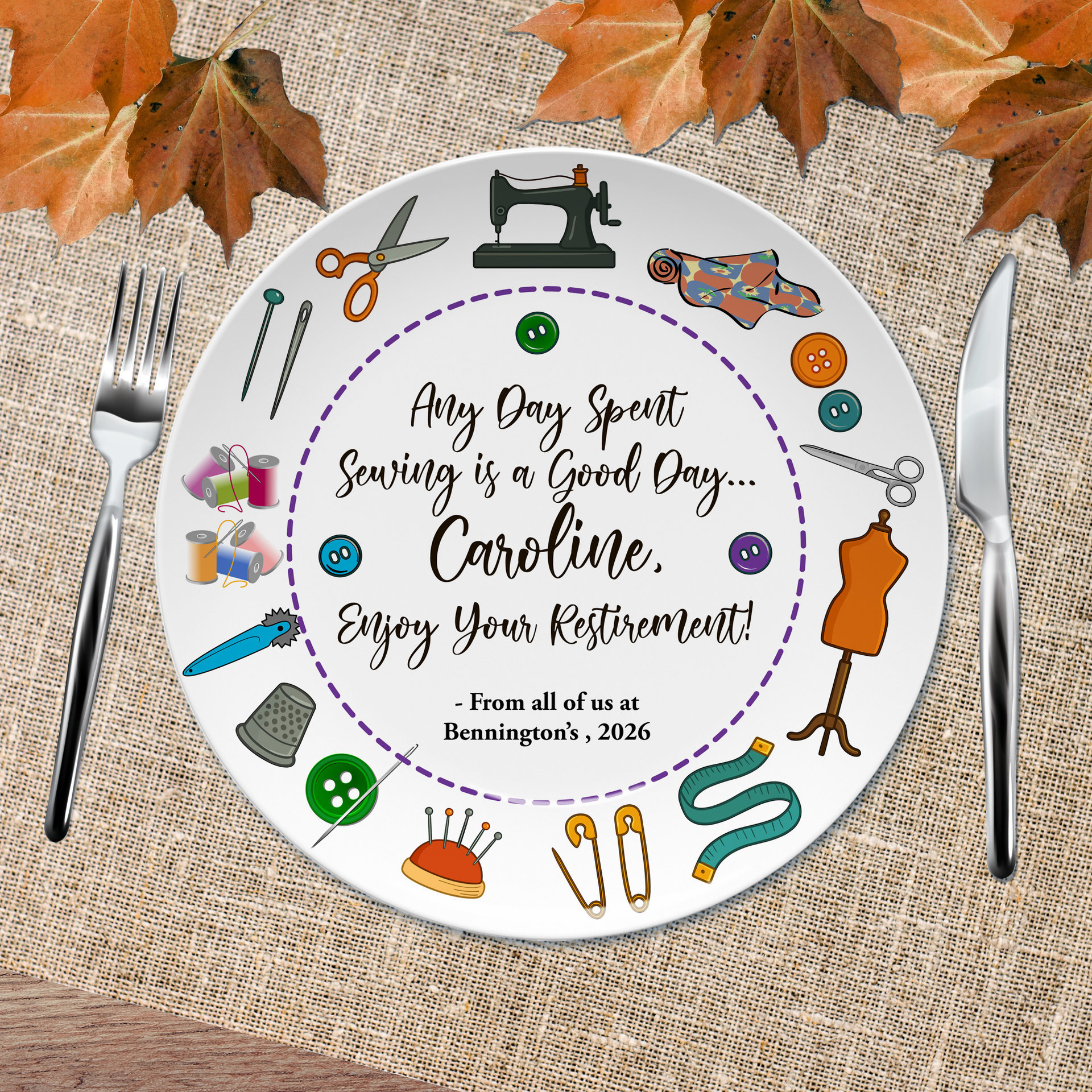 Personalized Sewing Plate, Retirement or Graduation Gift