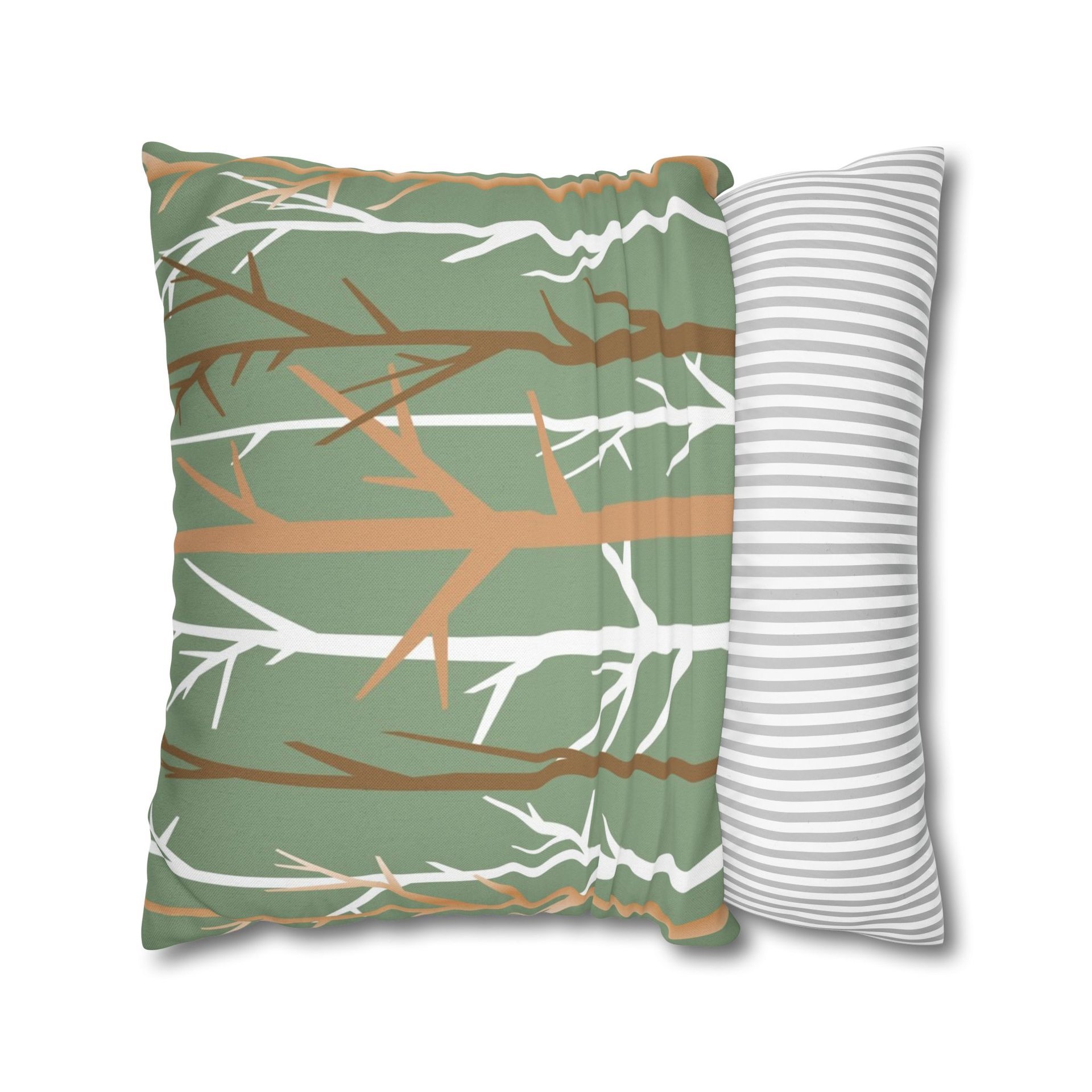 A minimalist graphic art botanical design in an earthy color palette of tan, brown, sage green and white. One side is printed on a white background and the other side is printed on a green background.