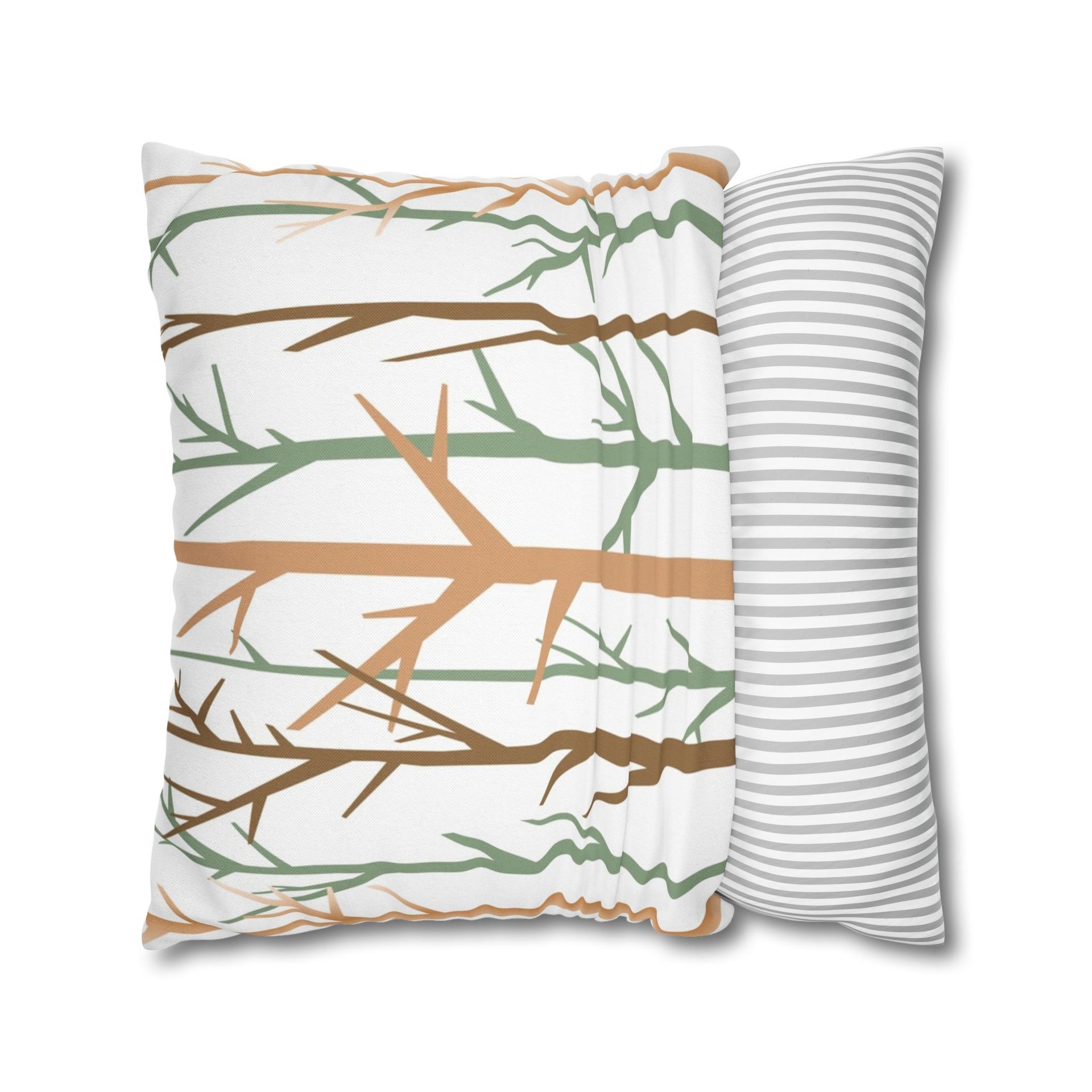 A minimalist graphic art botanical design in an earthy color palette of tan, brown, sage green and white. One side is printed on a white background and the other side is printed on a green background.