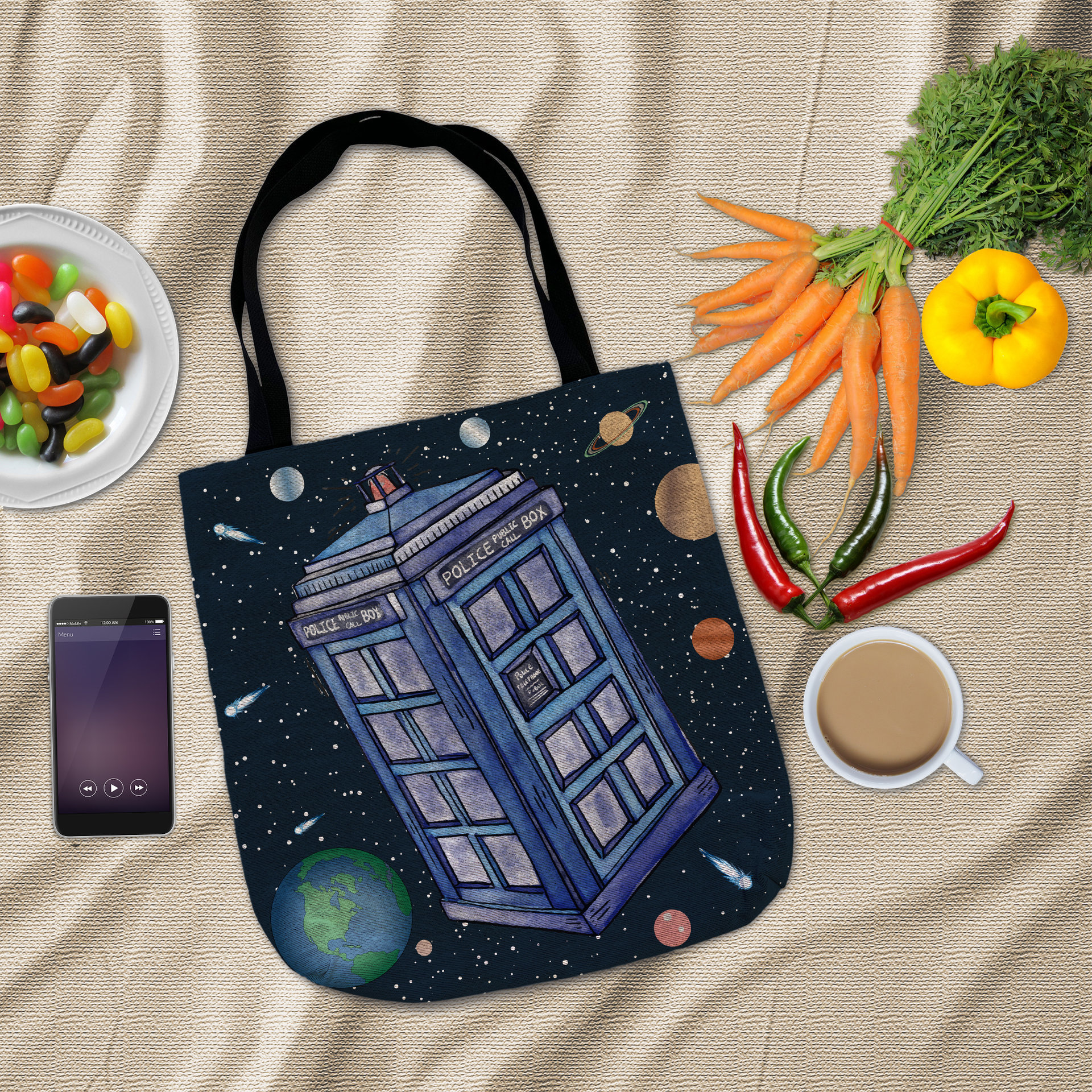 Doctor Who tote bag flat lay photo