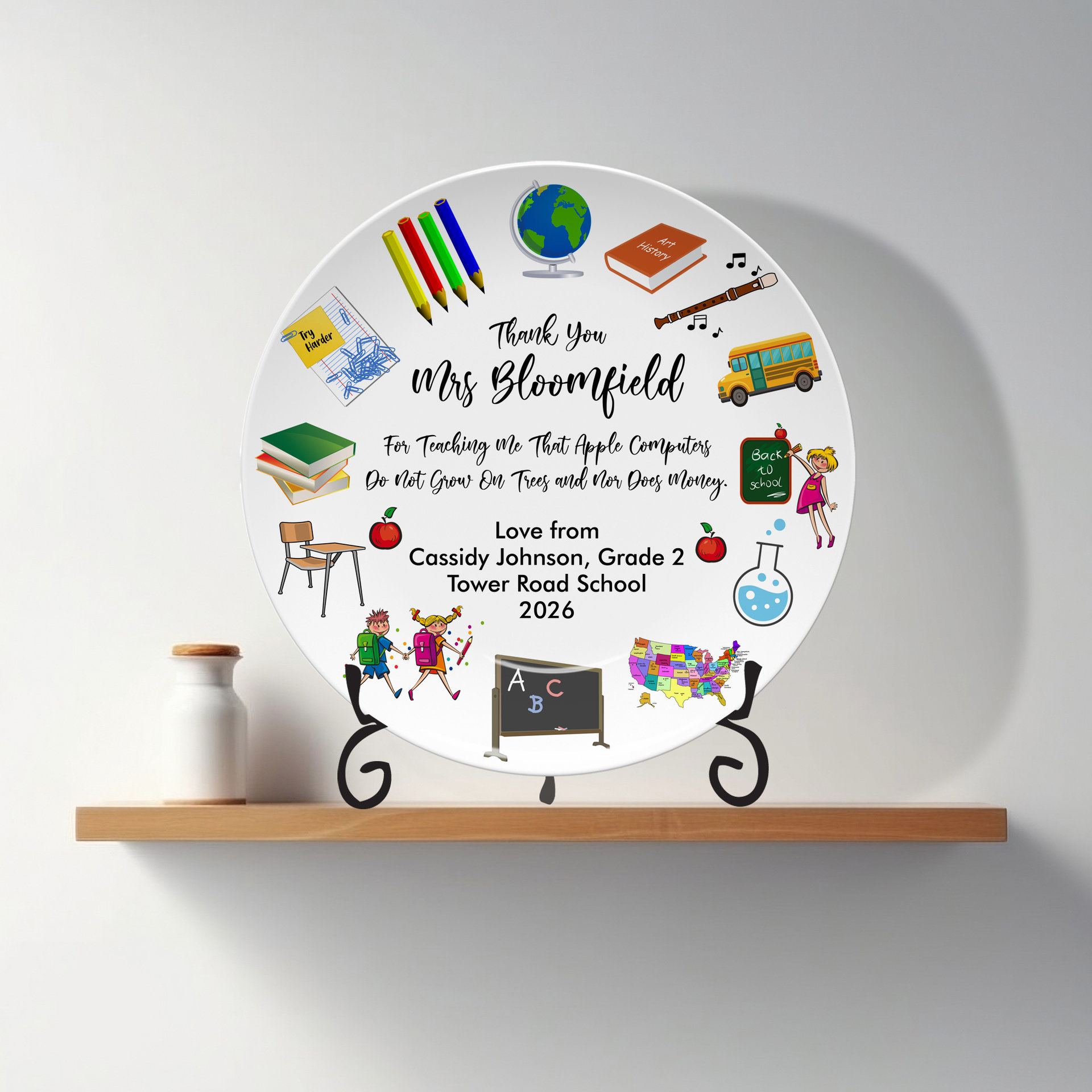 Personalized Teacher Appreciation Gift Plate with Display Stand 