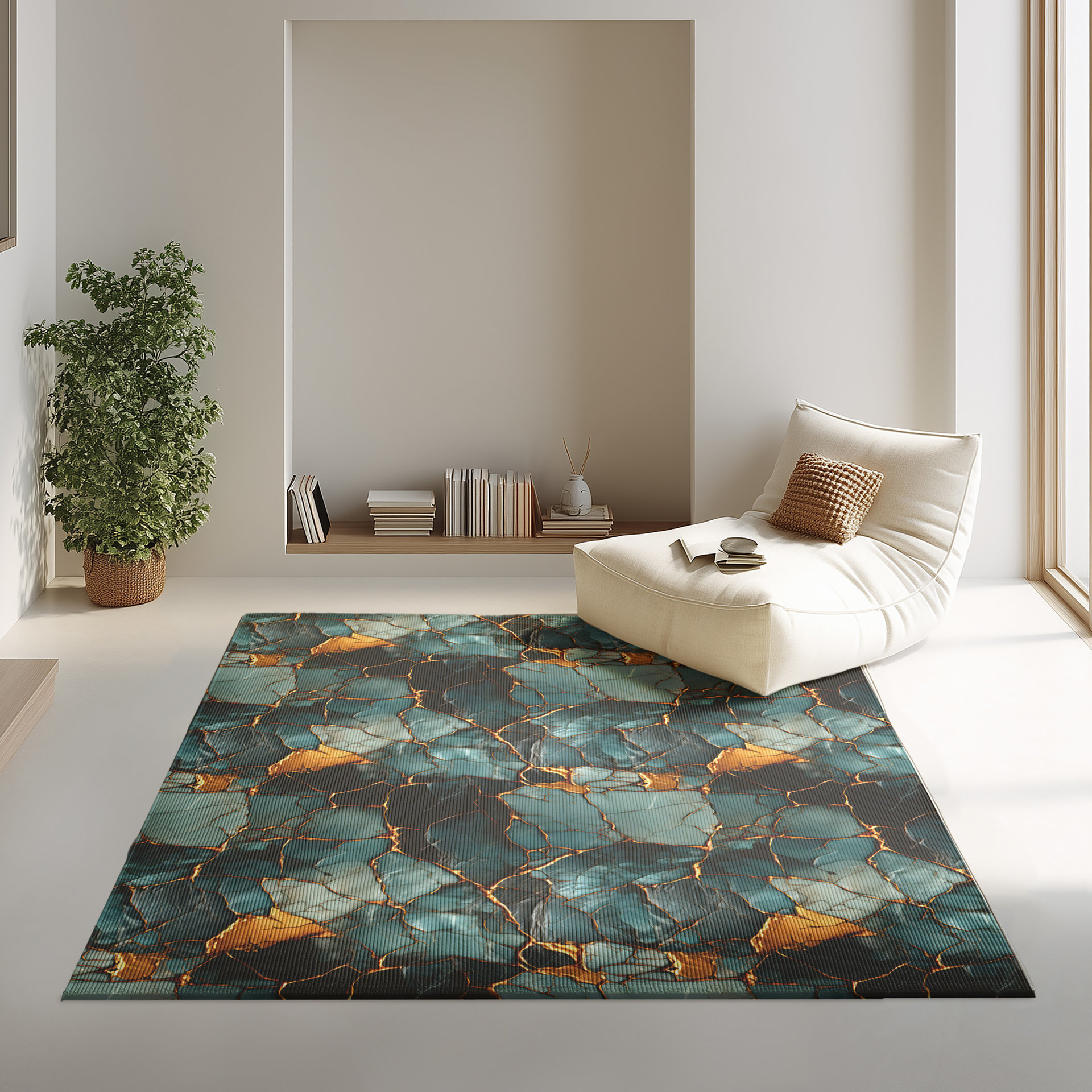 Area rug inspired by the organic beauty of cracked stone and molten gold.