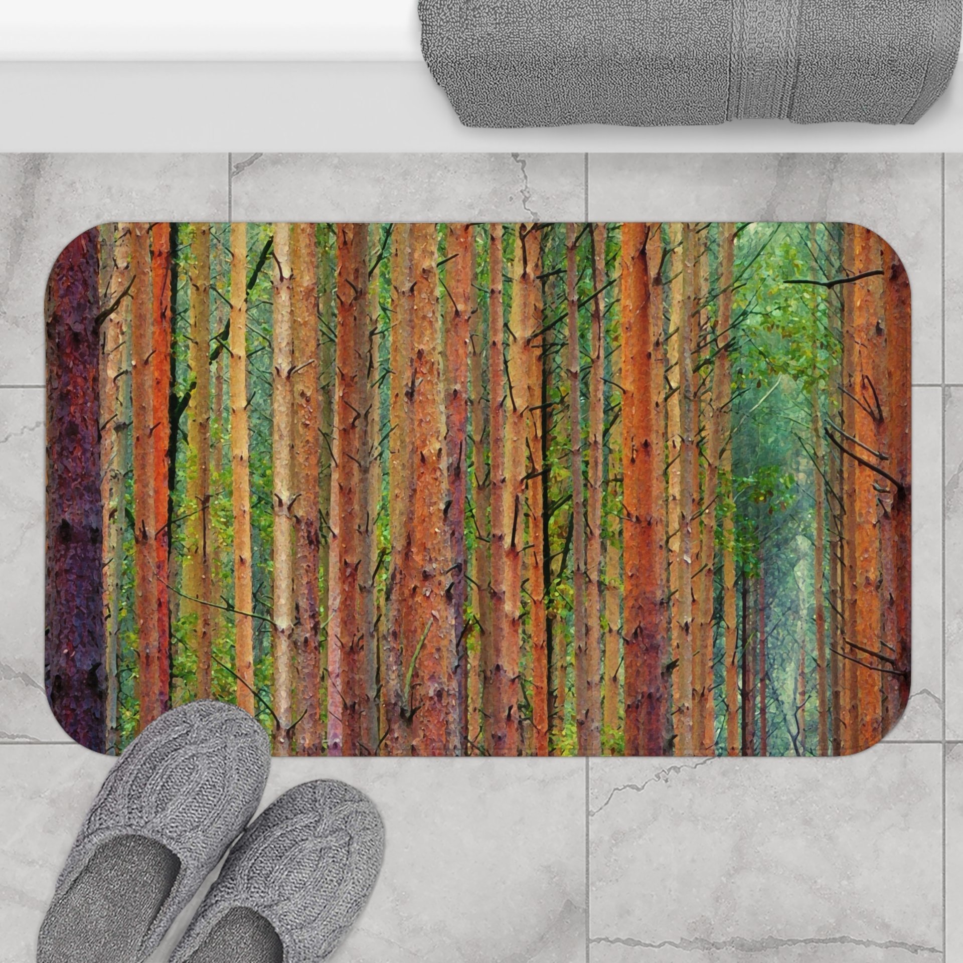Forest Trees Stripes Shower Curtain, Bath Mat