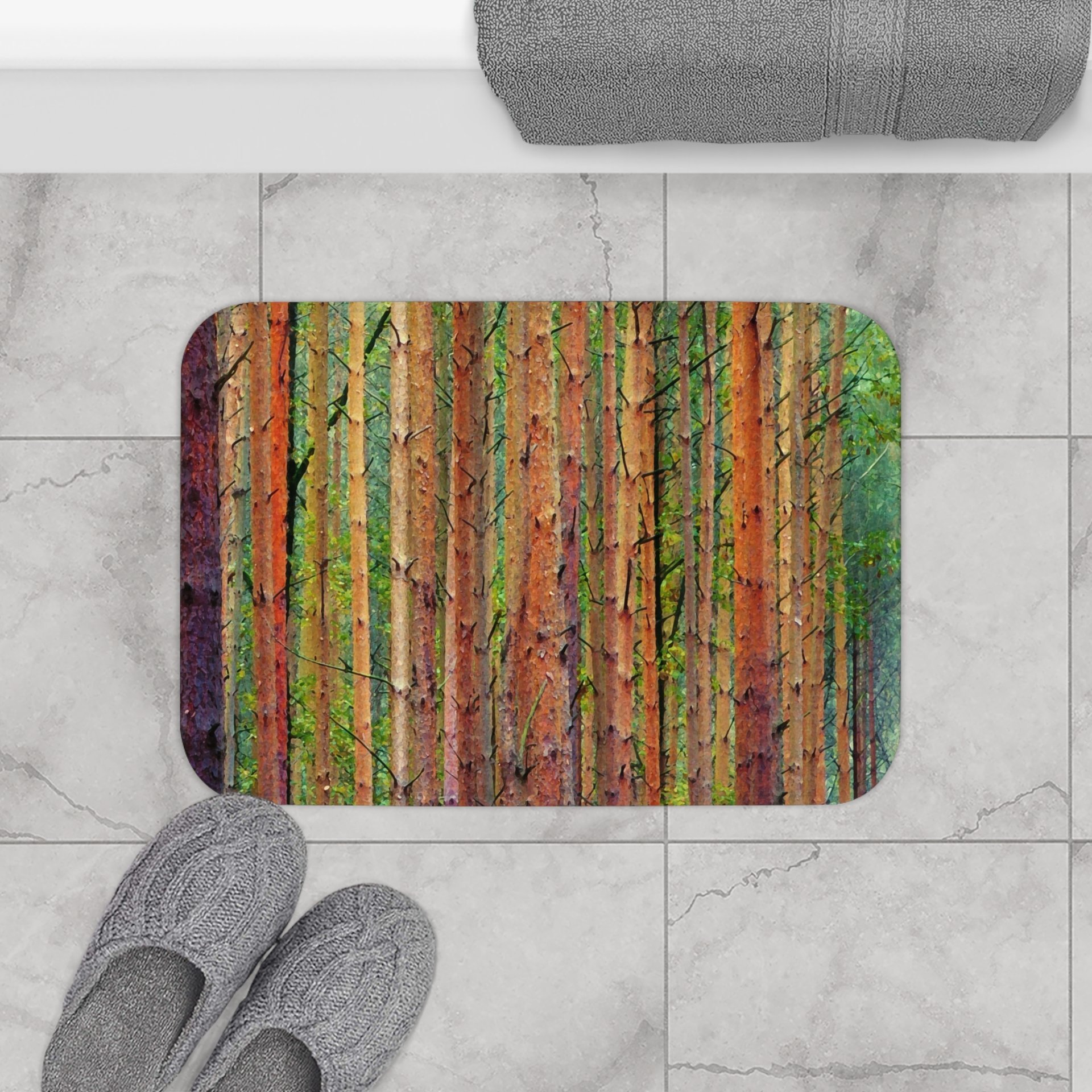 Forest Trees Stripes Shower Curtain, Bath Mat