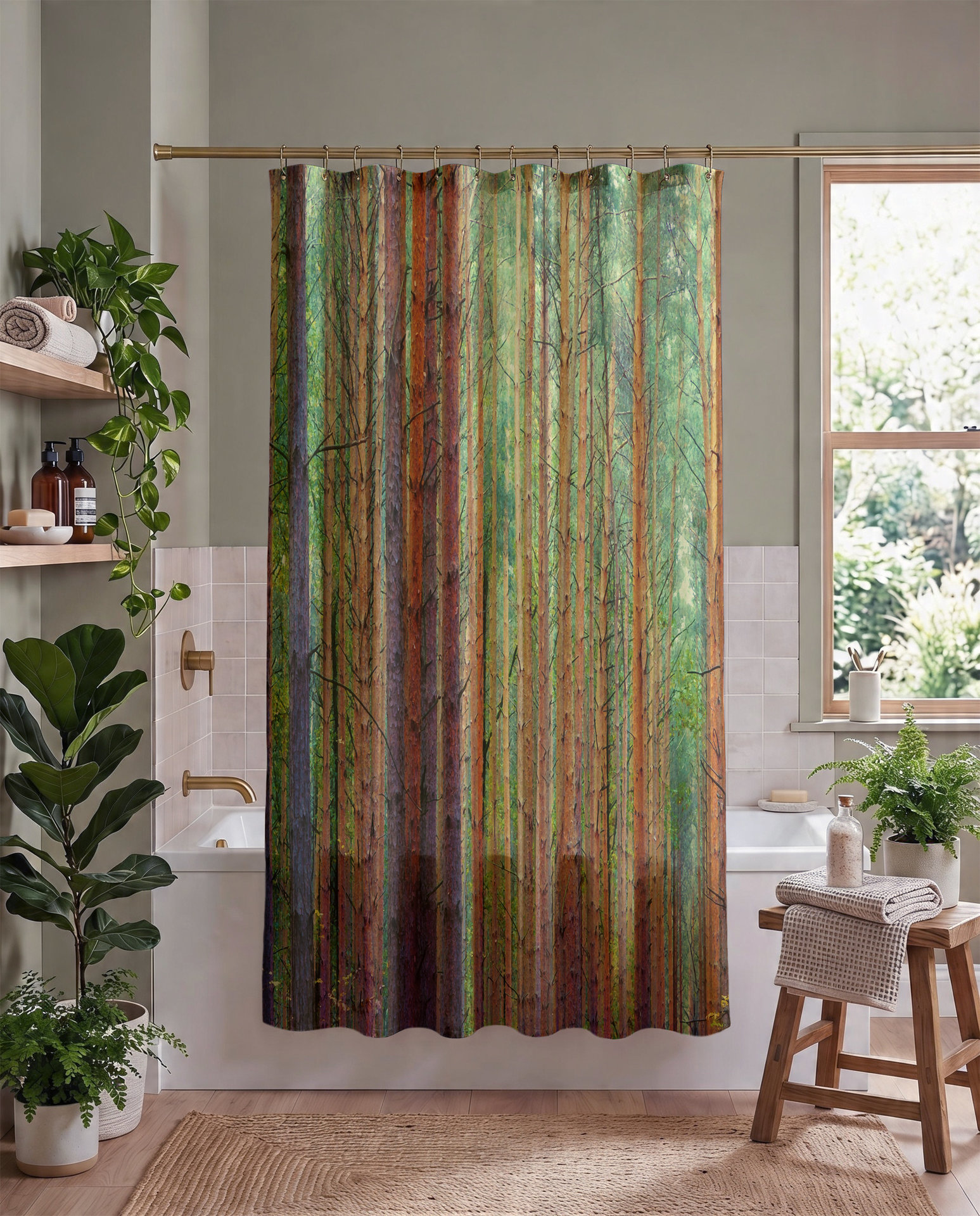 Forest Trees Stripes Shower Curtain, Bath Mat