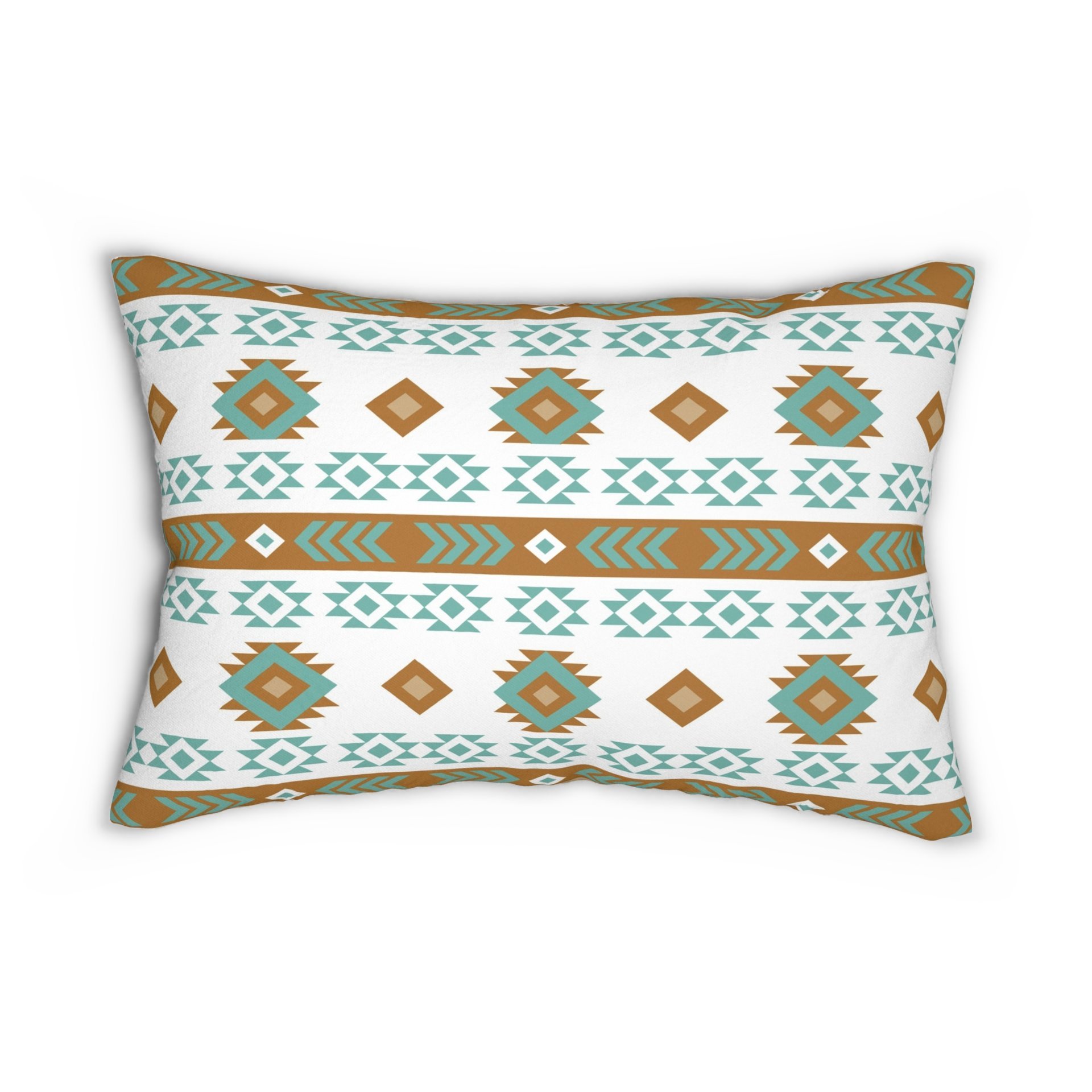 Geometric art in white, light teal, tan, and brown. Each side has a different Aztec design using the same color palette.
