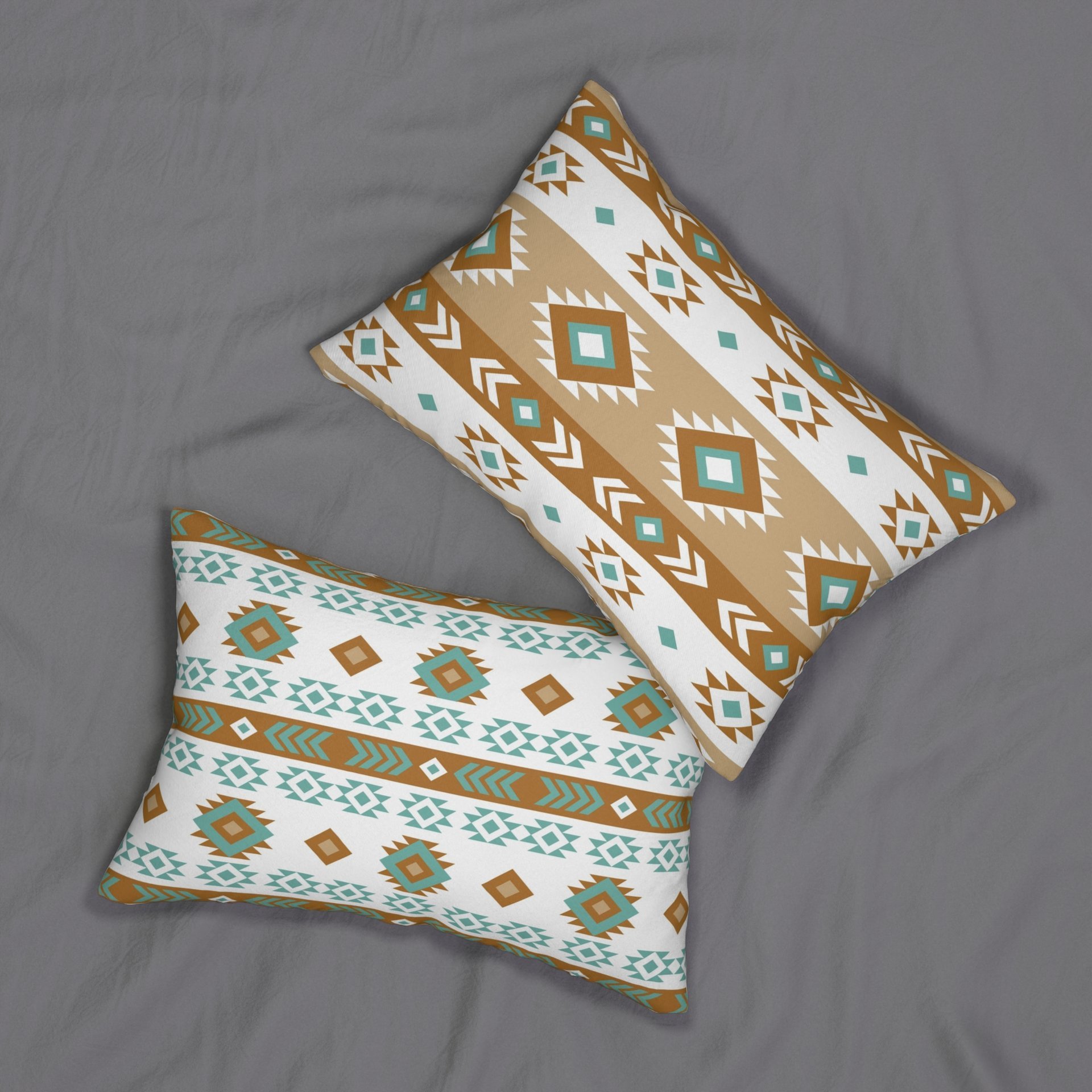 Geometric art in white, light teal, tan, and brown. Each side has a different Aztec design using the same color palette.