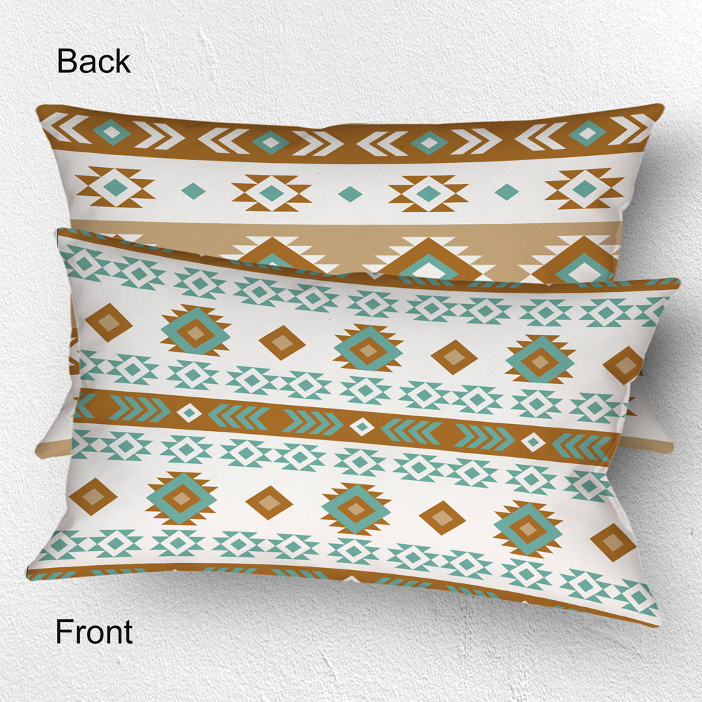 Geometric art in white, light teal, tan, and brown. Each side has a different Aztec design using the same color palette.