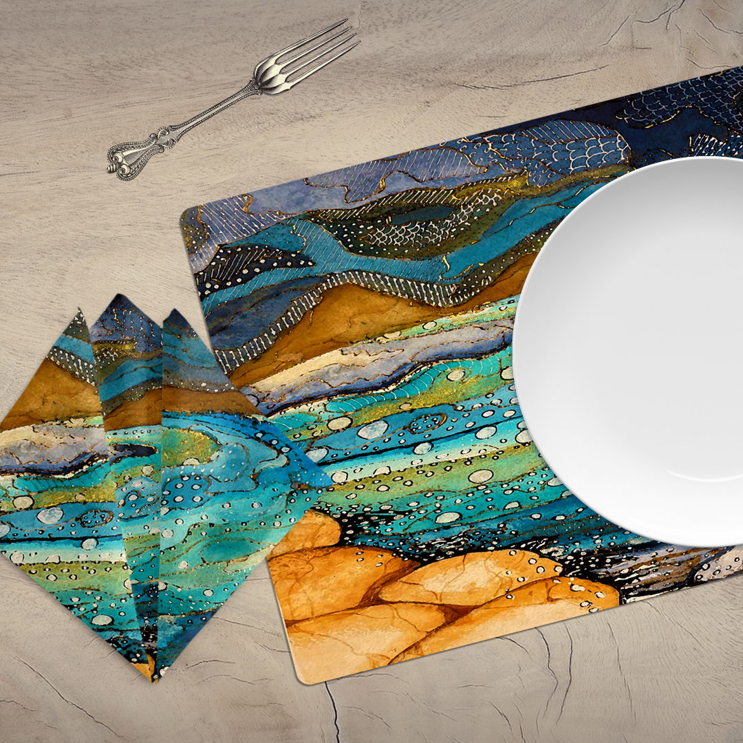 Table linens with Colorful nautical watercolor painting of a tropical island in turquoise, teal and orange with navy blue, sea green, slate gray and beige accents.