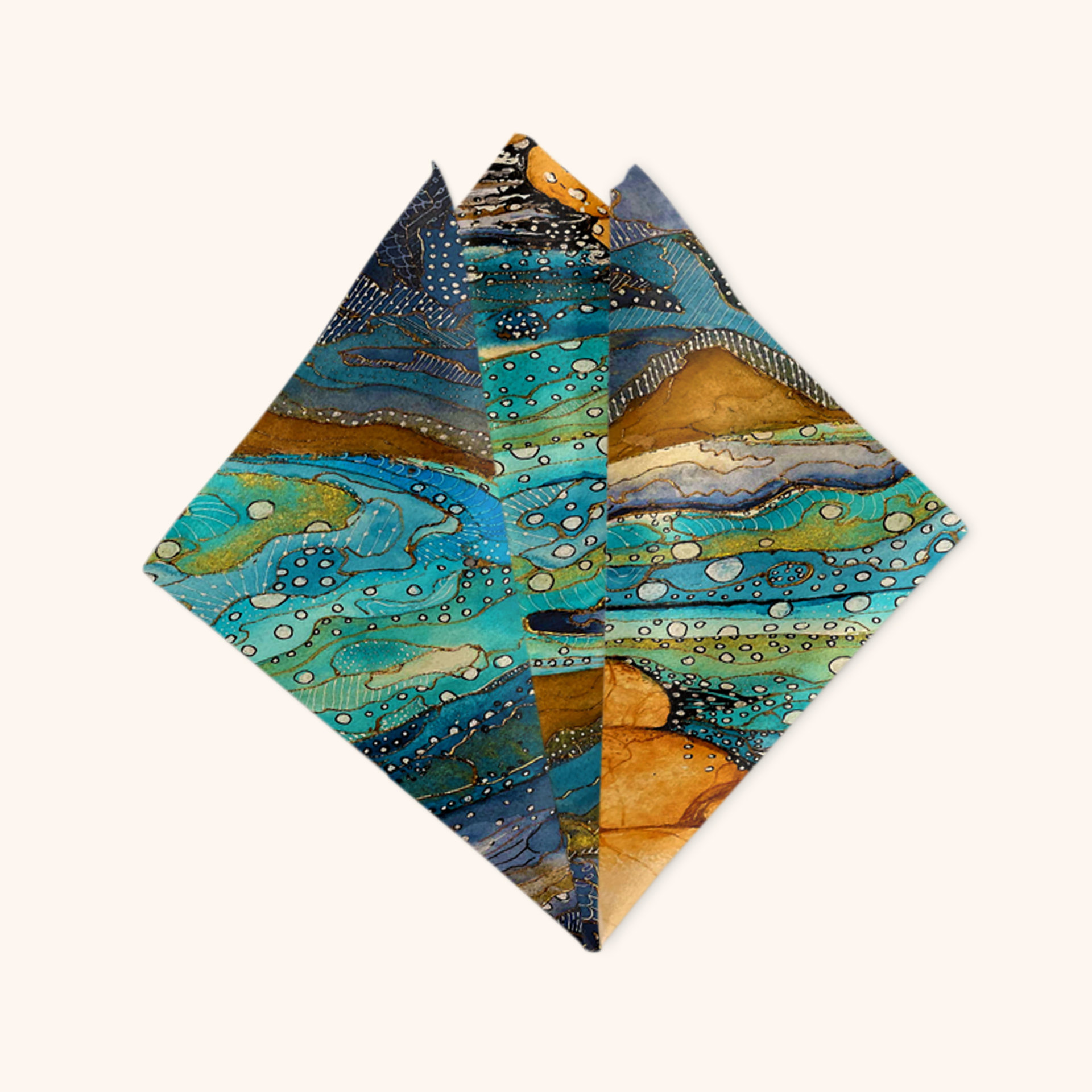 Folded napkin with a nautical watercolor painting of a tropical island in turquoise, teal and orange with navy blue, sea green, slate gray and beige accents.