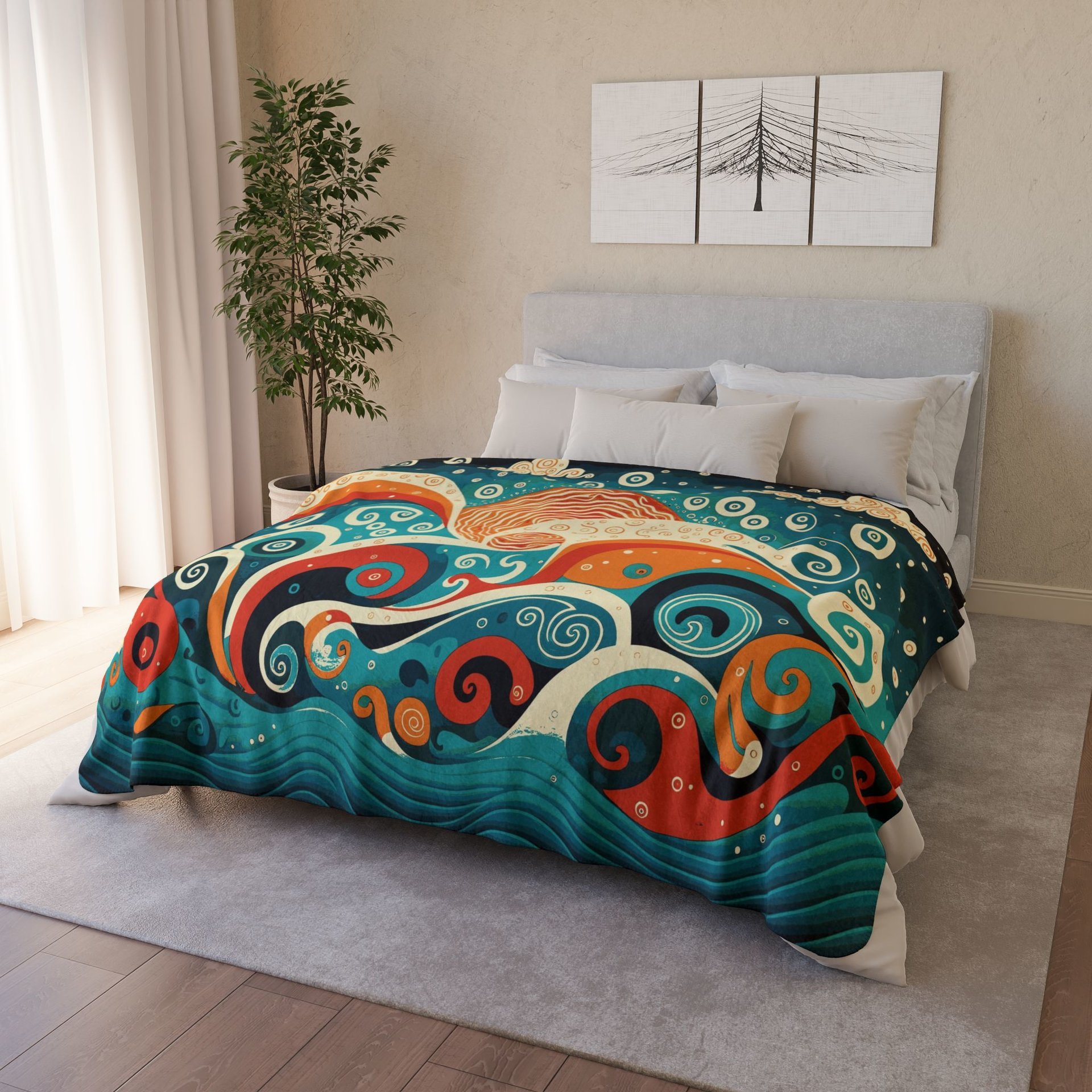 Large Swirling Ocean Waves Fleece Blanket on a bed