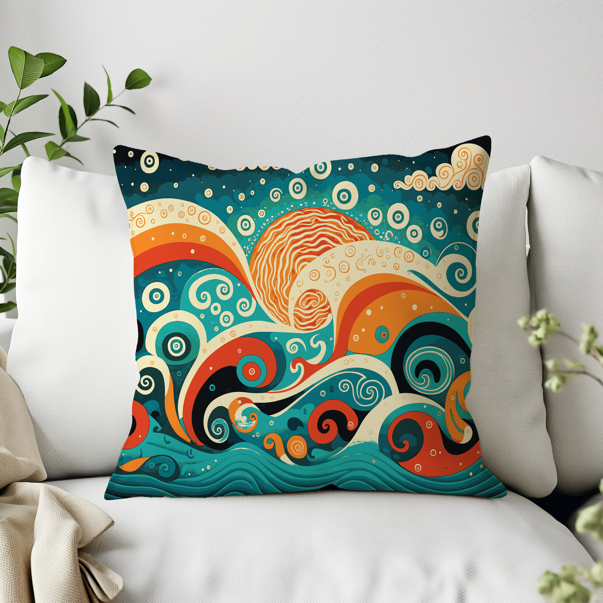 Nautical Folk Art Throw Pillow on a couch