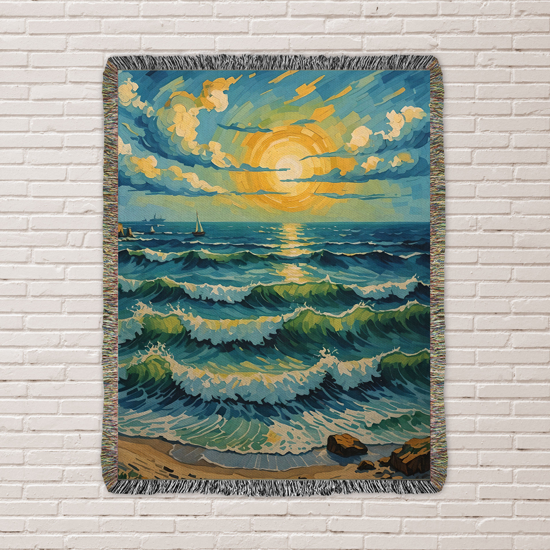 Tropical beach sunset woven blanket
