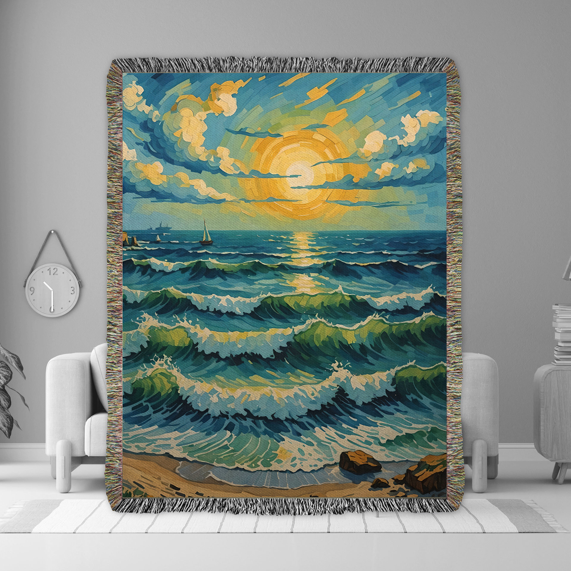 Tropical beach sunset woven blanket