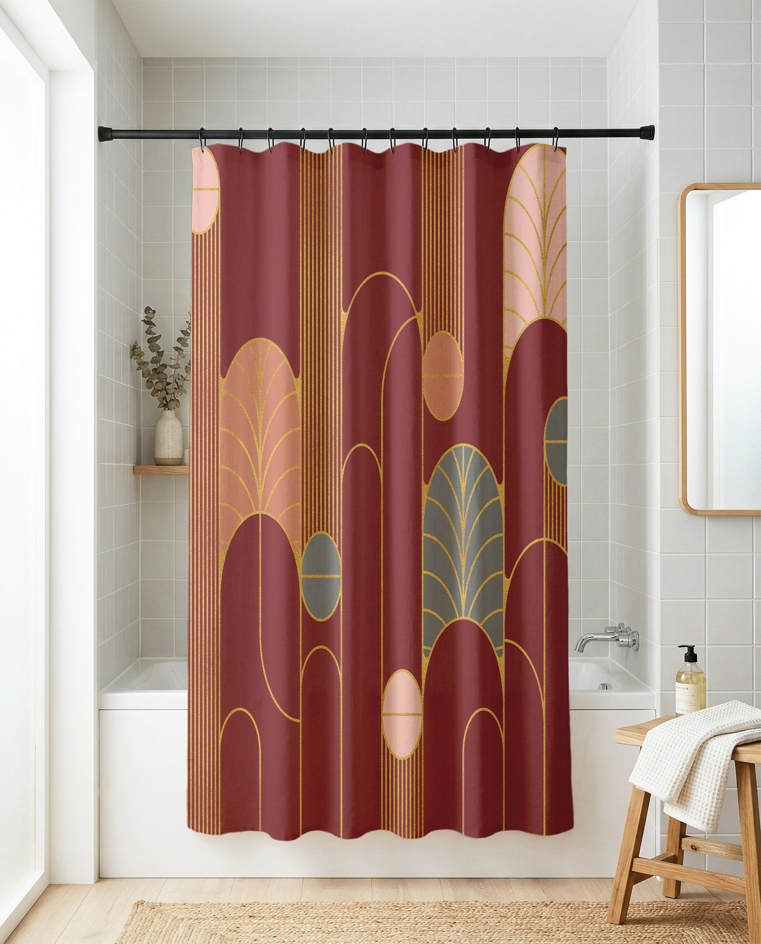 Red Wine Minimalist Art Deco Shower Curtain, Optional Matching Bath Mat