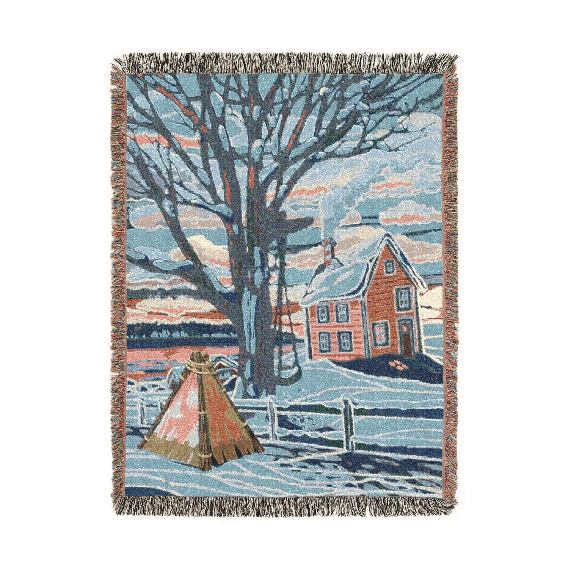 Snowy Winter Woven Cotton Blanket, Country Farmhouse Landscape